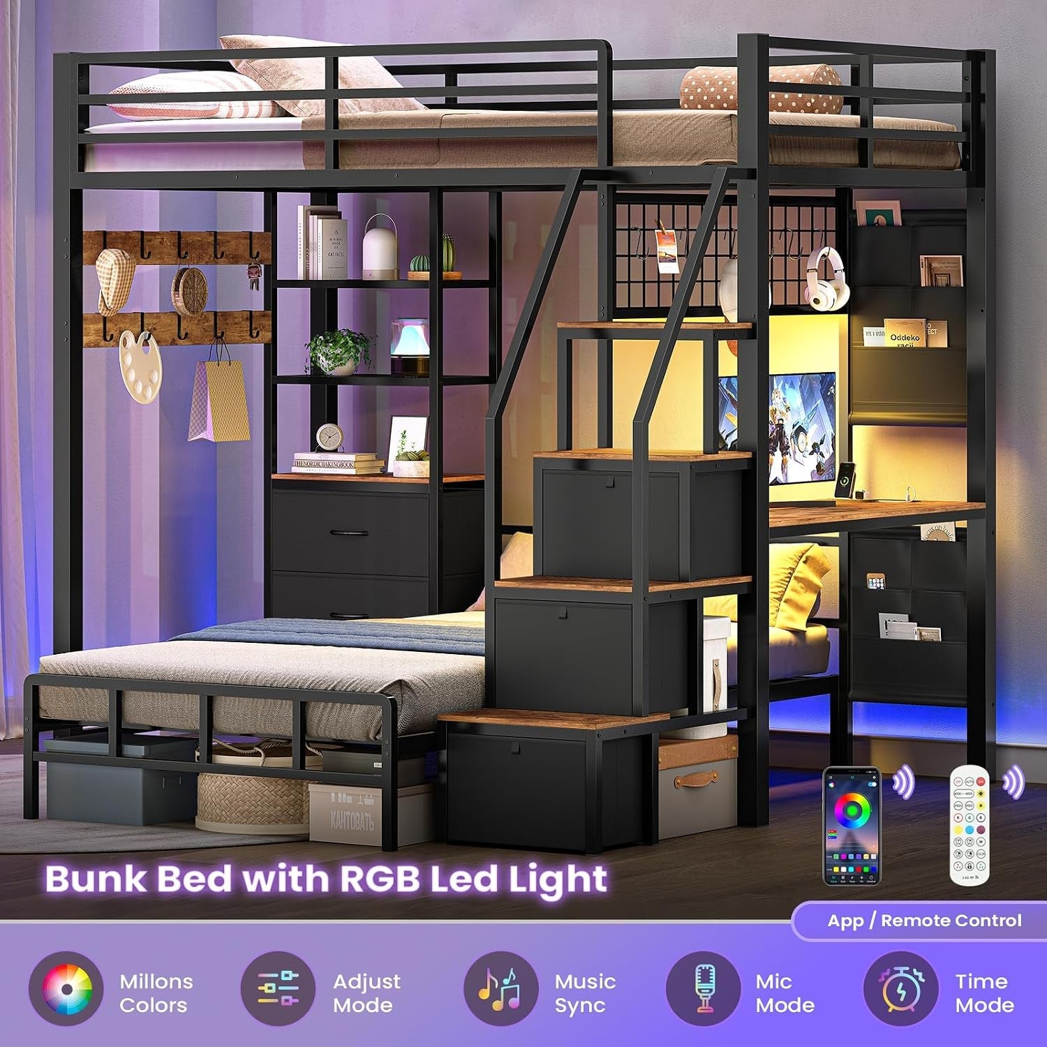 Charcoal Twin Bunk Bed With Charging Station Drawers-3