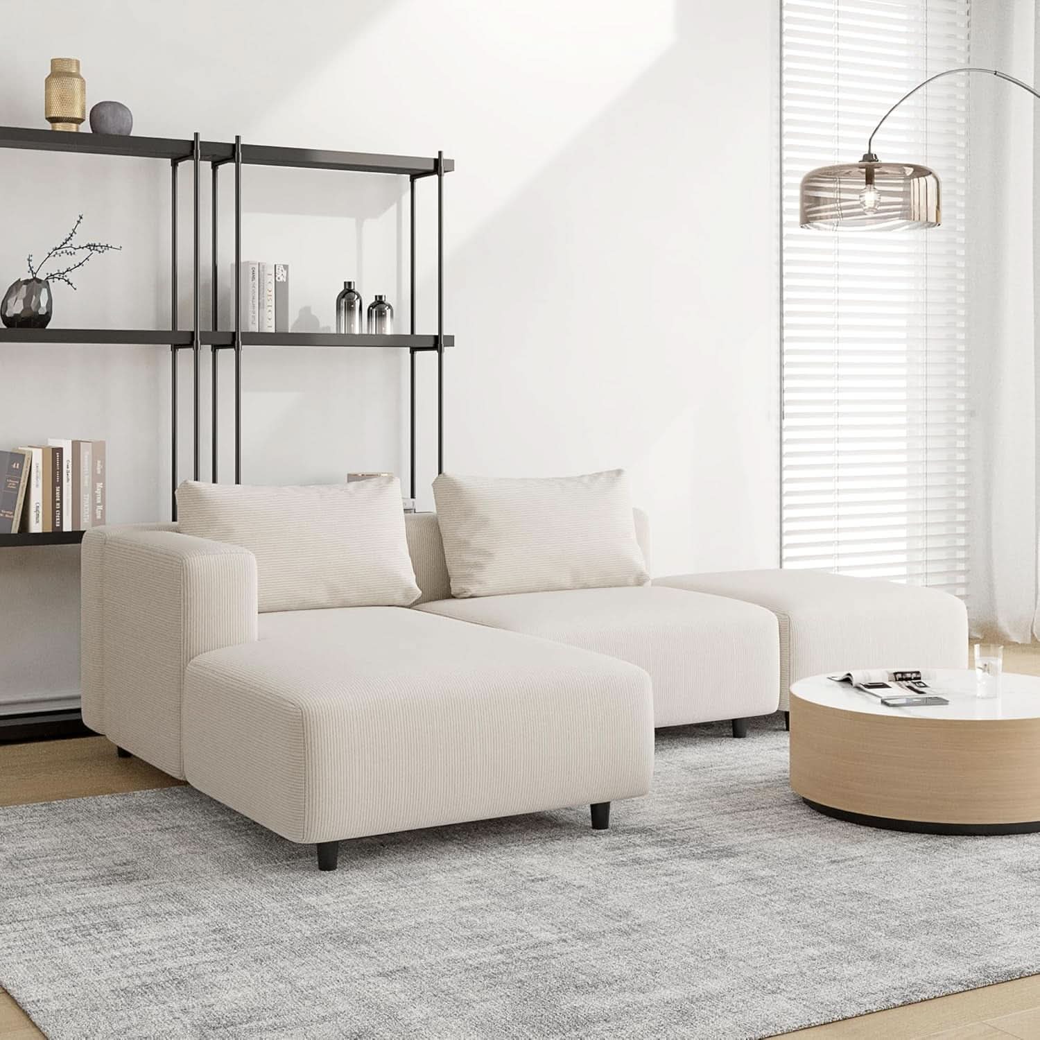 Soft Corduroy Sectional Sofa Set L Shaped Cream Modular