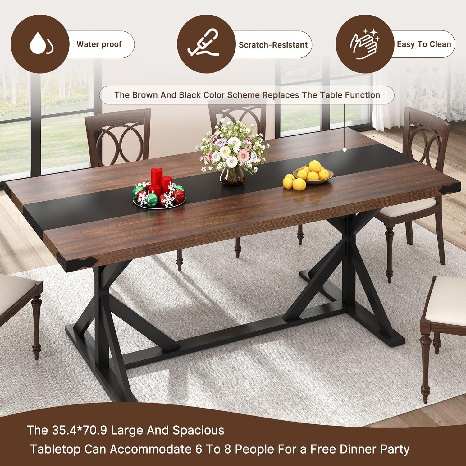 71 Inch Farmhouse Dining Table Waterproof Table top