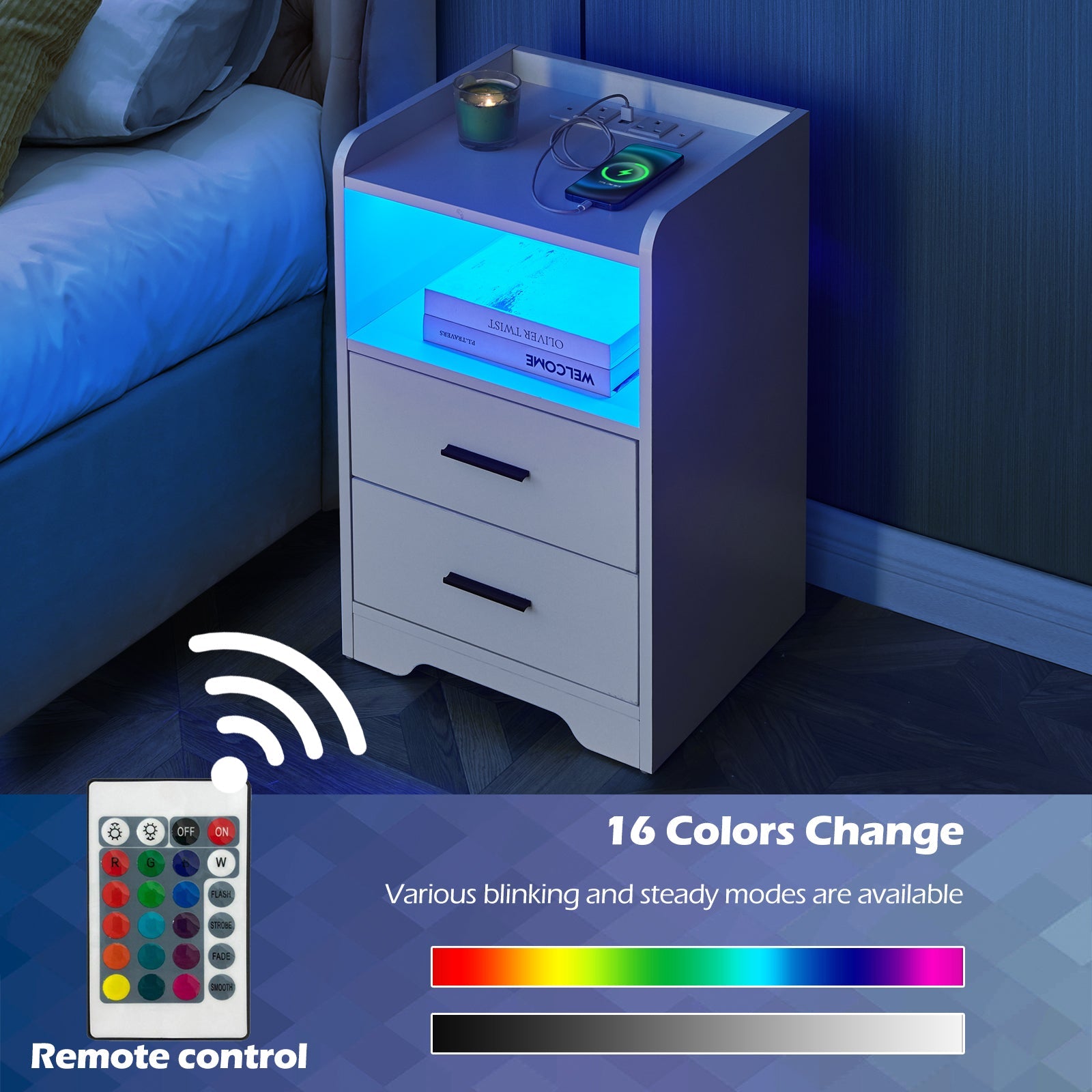 Kody LED Light Bedside Table [Charging Station][Nightstand]