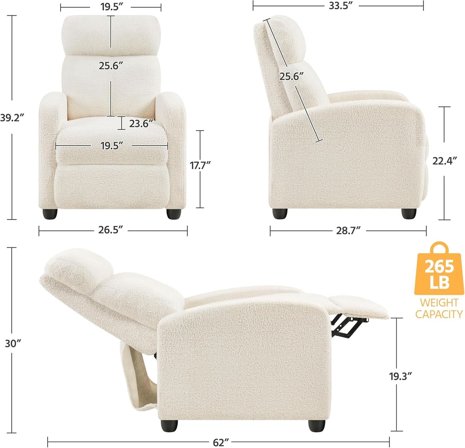 Ivory Fabric Recliner Chair With Adjustable Recline
