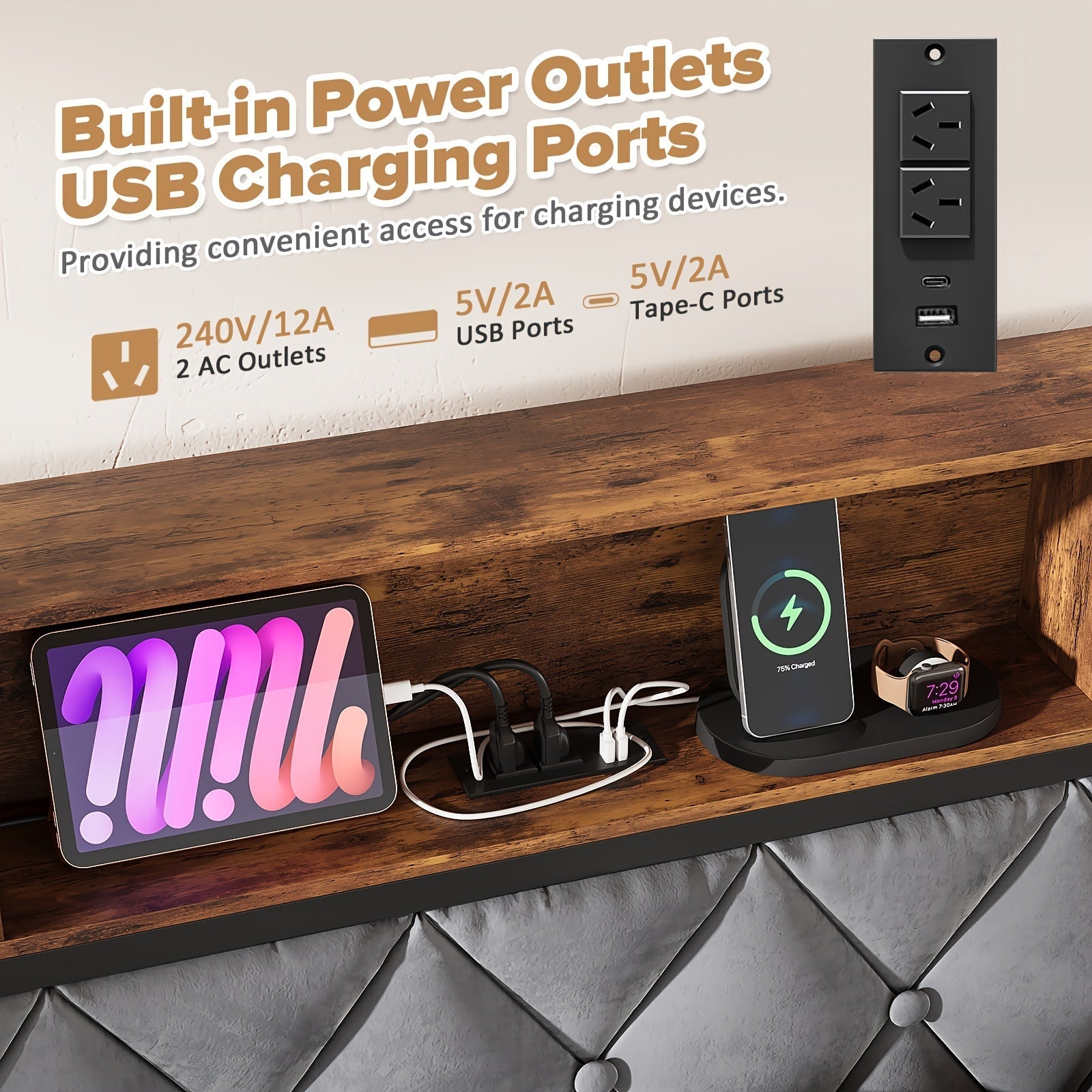 Queen Size Bed Frame with Drawers, Shelf, Headboard & Charging Station(Brown)-4