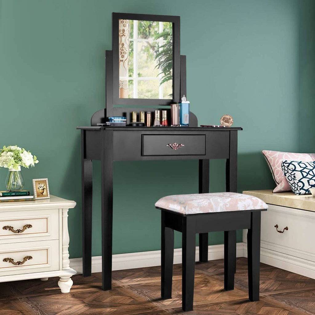 Black Dressing Table With Rotating Cosmetic Mirror