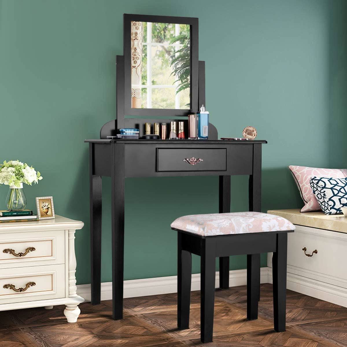Black Dressing Table With Rotating Cosmetic Mirror
