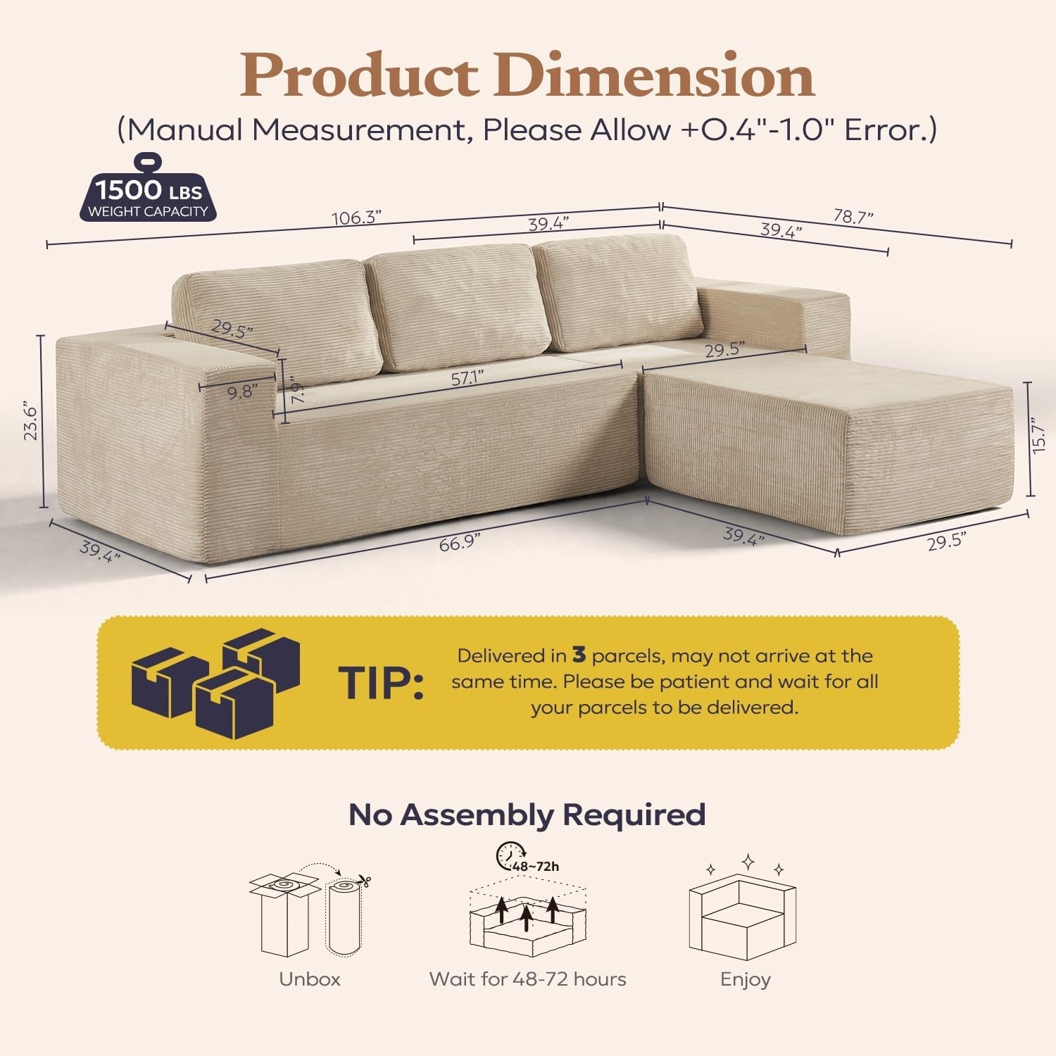 106 Inch Cloud Sectional Sofa Beige Contemporary Sofa