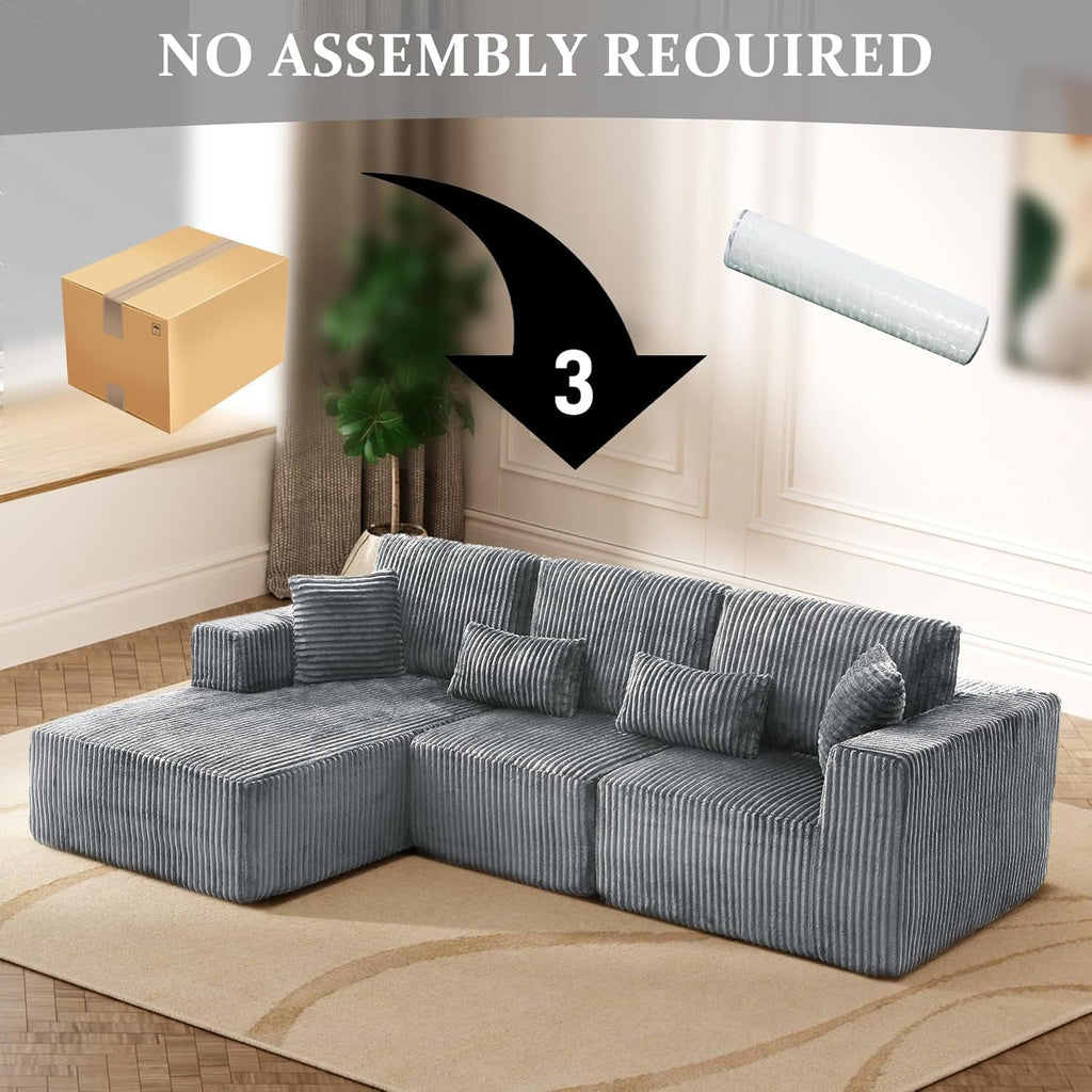 108 Inch Cloud Sectional Sofa Grey Ultra Soft Chenille