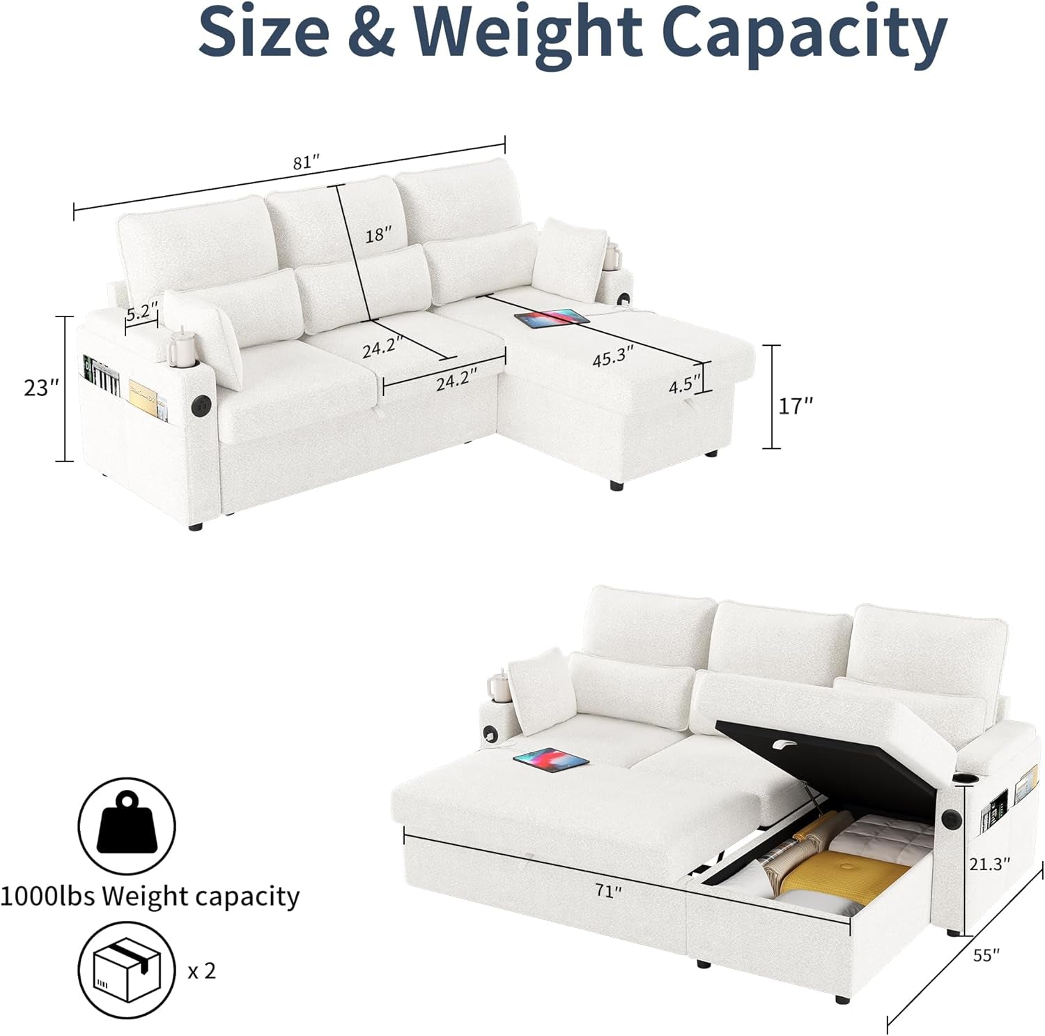 81-Inch L-Shaped Corner Storage Unit Deluxe Sectional Sofa Bed