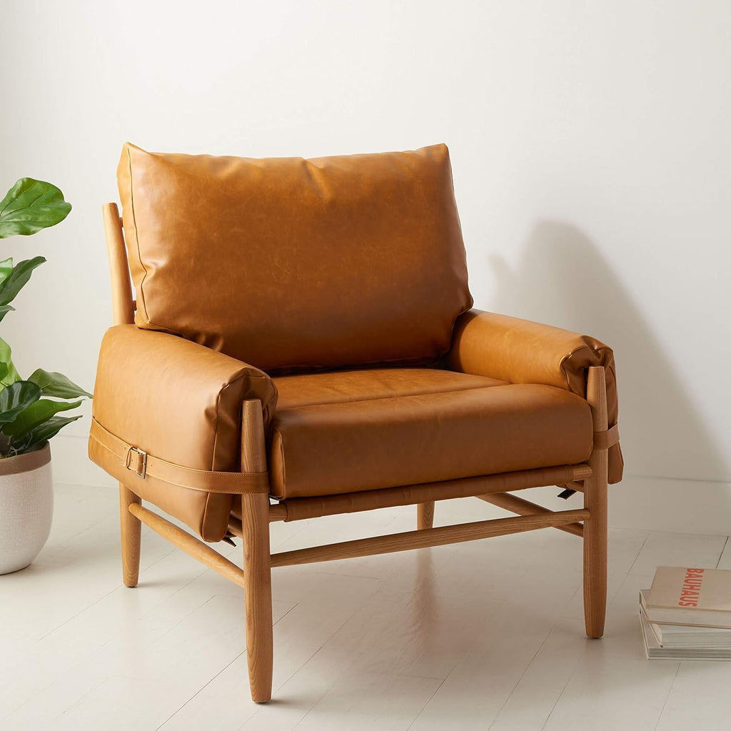 Mid-Century Arm Chair Caramel PU Leather Upholstery