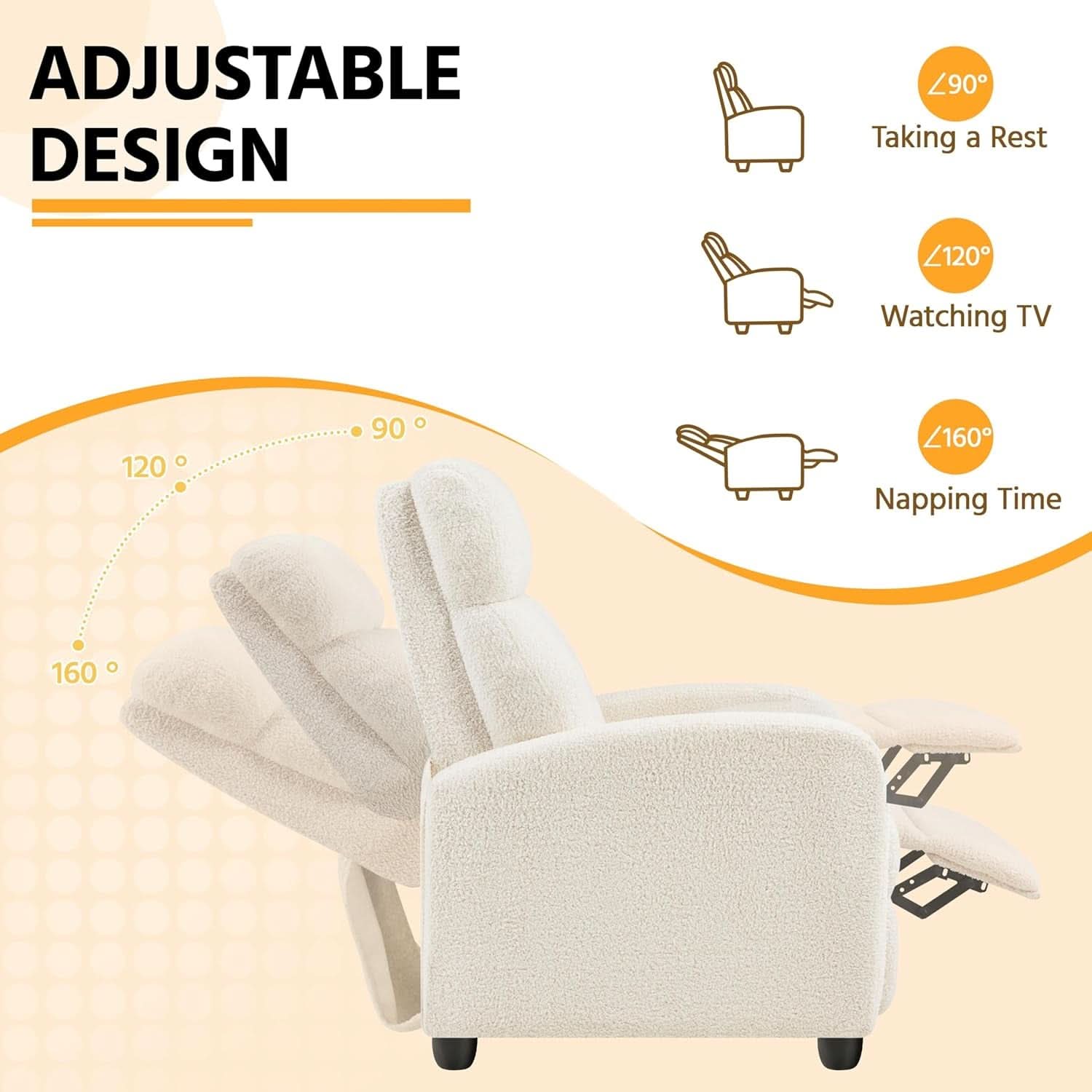 Ivory Fabric Recliner Chair With Adjustable Recline