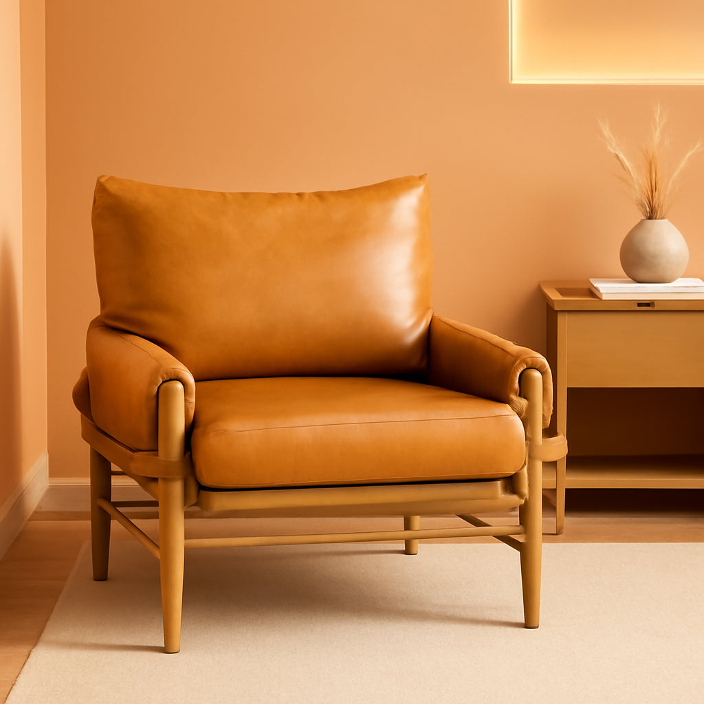 Mid-Century Arm Chair Caramel PU Leather Upholstery