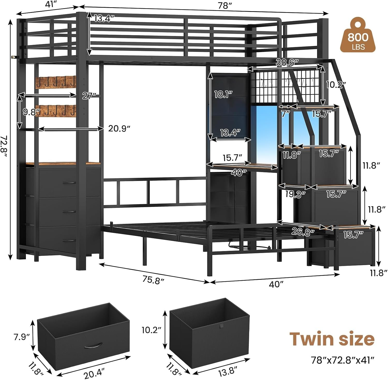 Charcoal Twin Bunk Bed With Charging Station Drawers-1