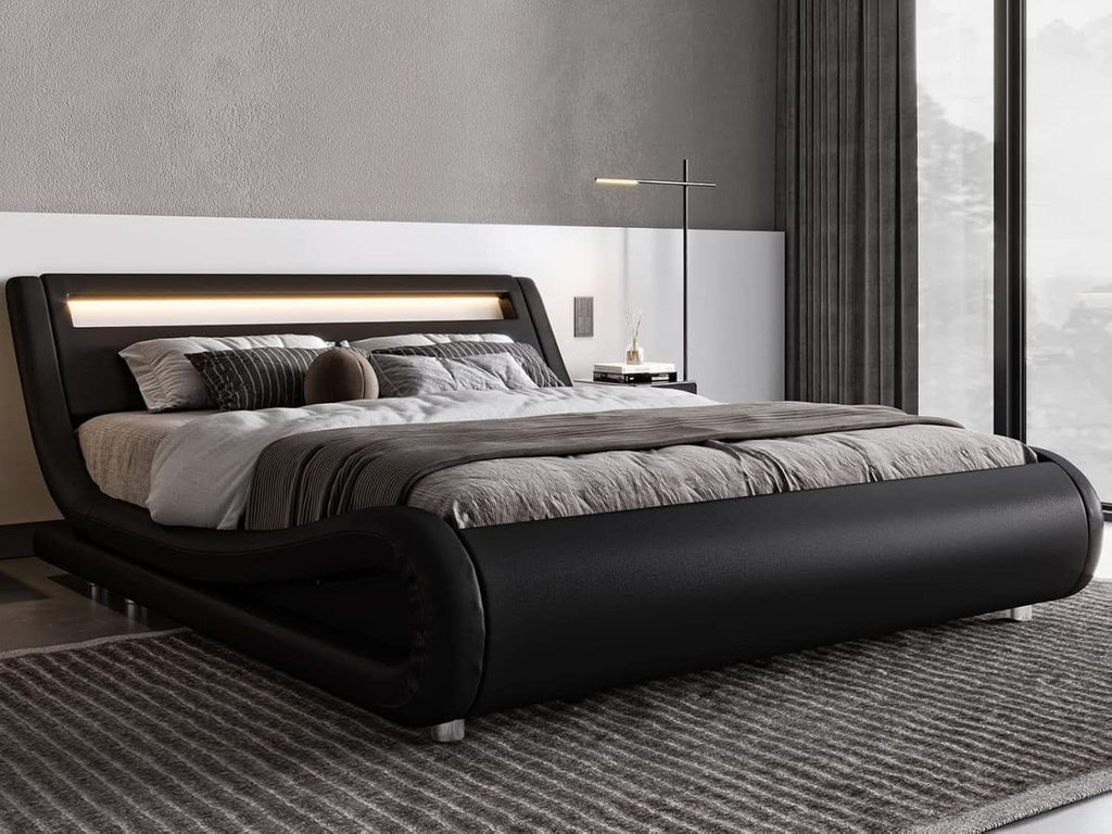 LED Platform Bed Frame Black Faux Leather Full Size Bed