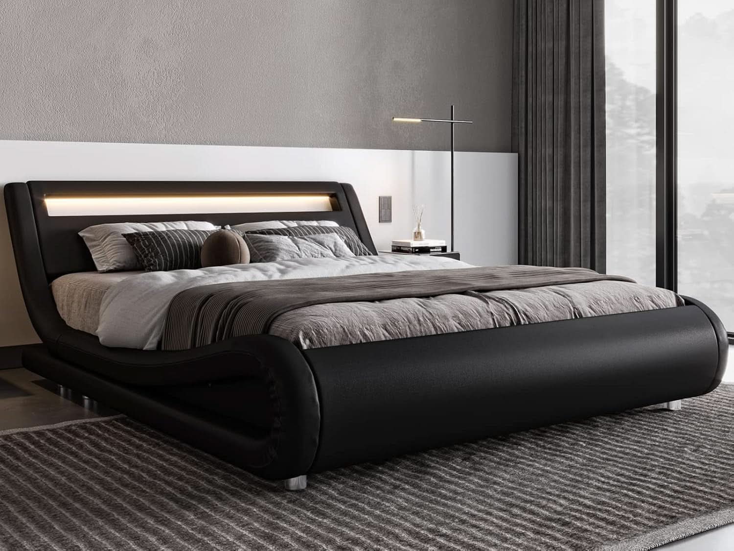 LED Platform Bed Frame Black Faux Leather Full Size Bed