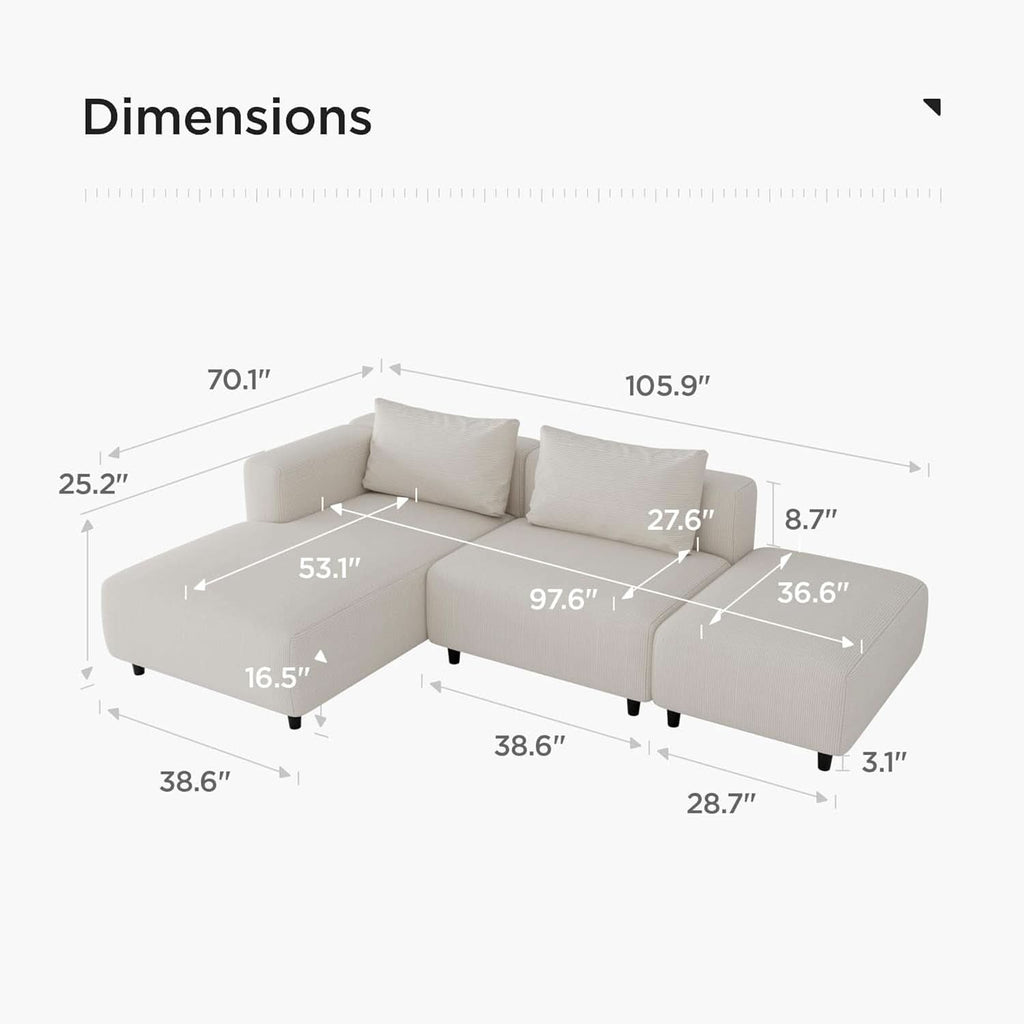 Soft Corduroy Sectional Sofa Set L Shaped Cream Modular