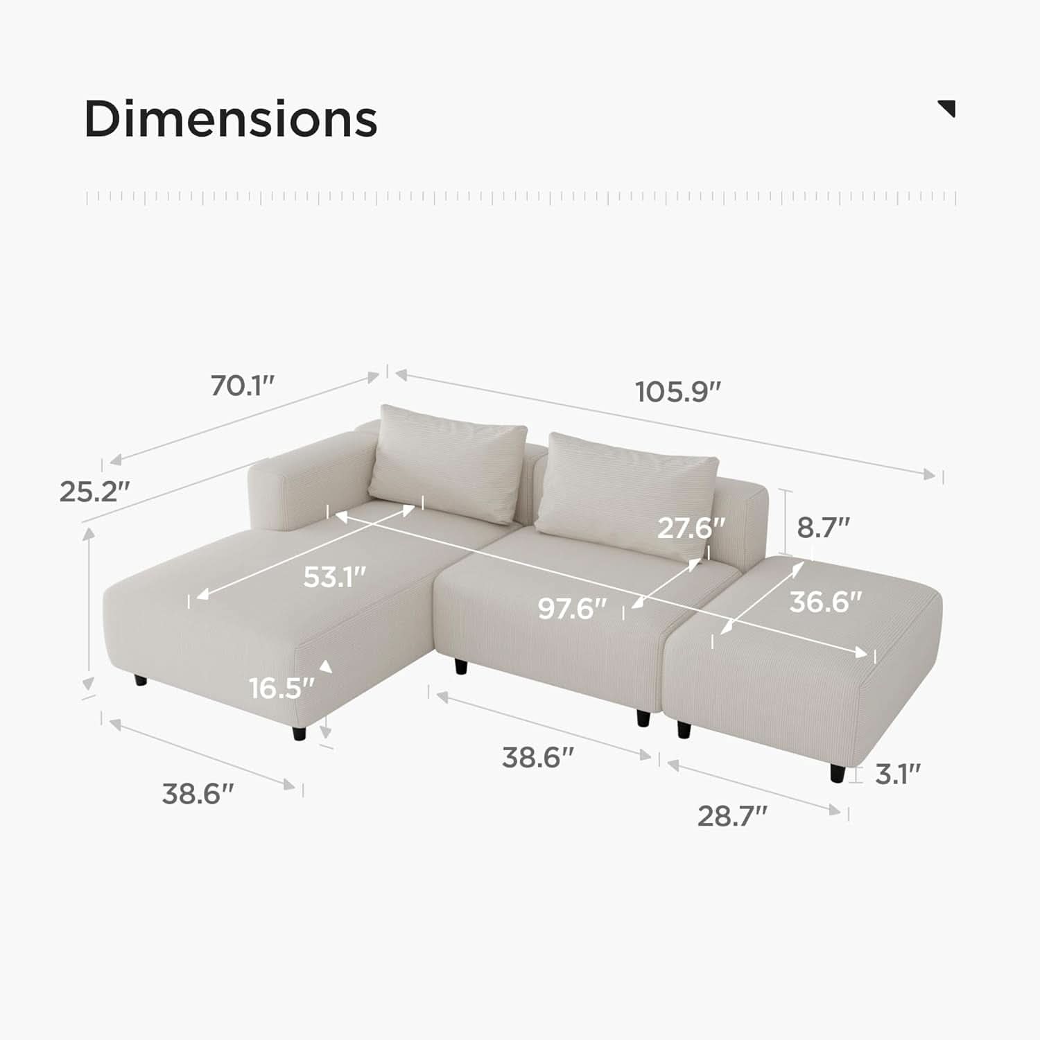 Soft Corduroy Sectional Sofa Set L Shaped Cream Modular