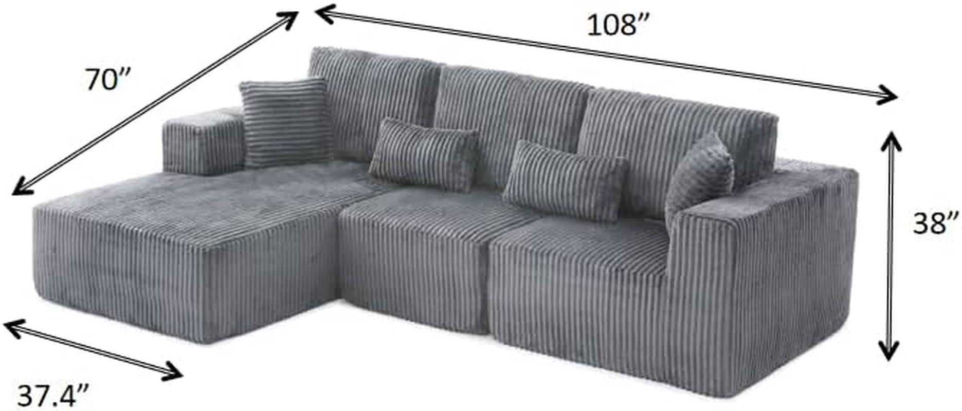 108 Inch Cloud Sectional Sofa Grey Ultra Soft Chenille