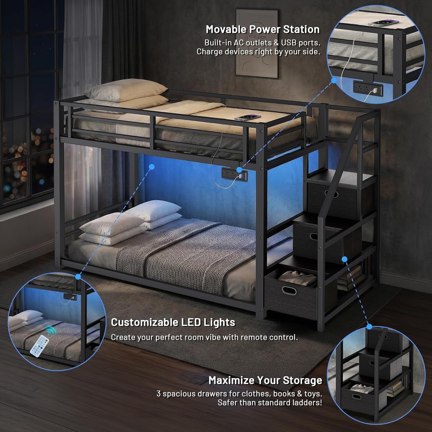Black Twin Over Twin Metal Bunk Bed Storage Drawers-2