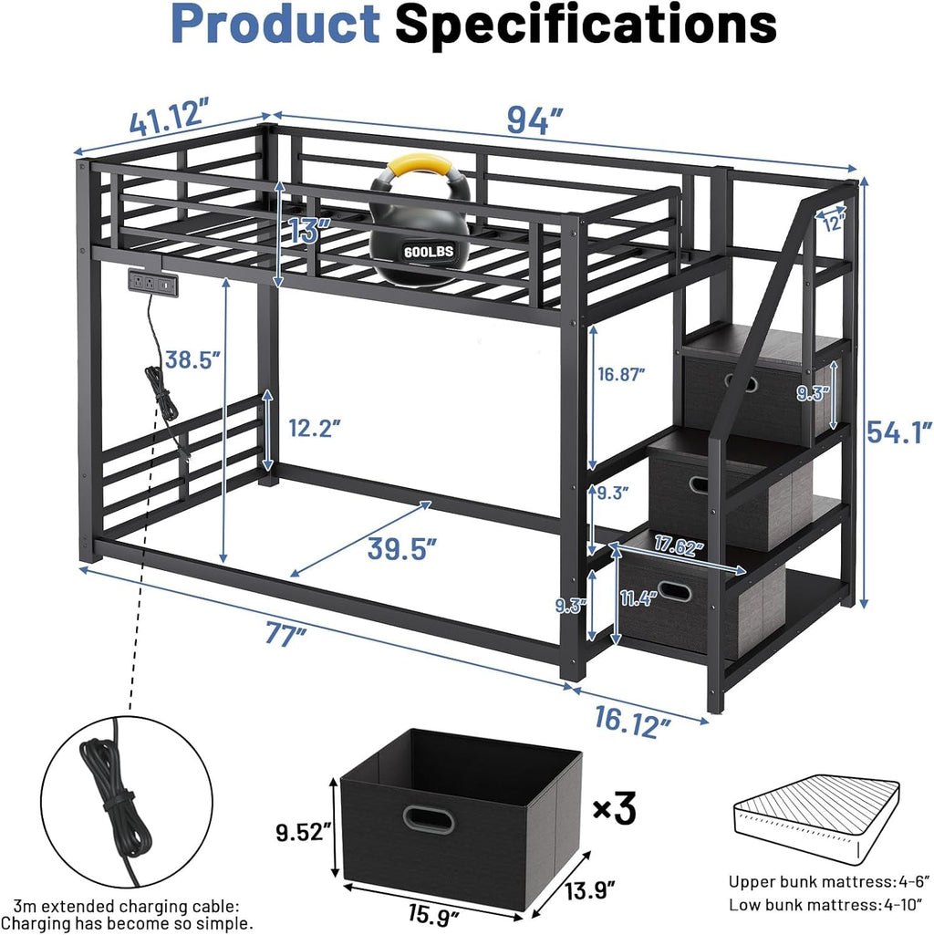 Black Twin Over Twin Metal Bunk Bed Storage Drawers-1