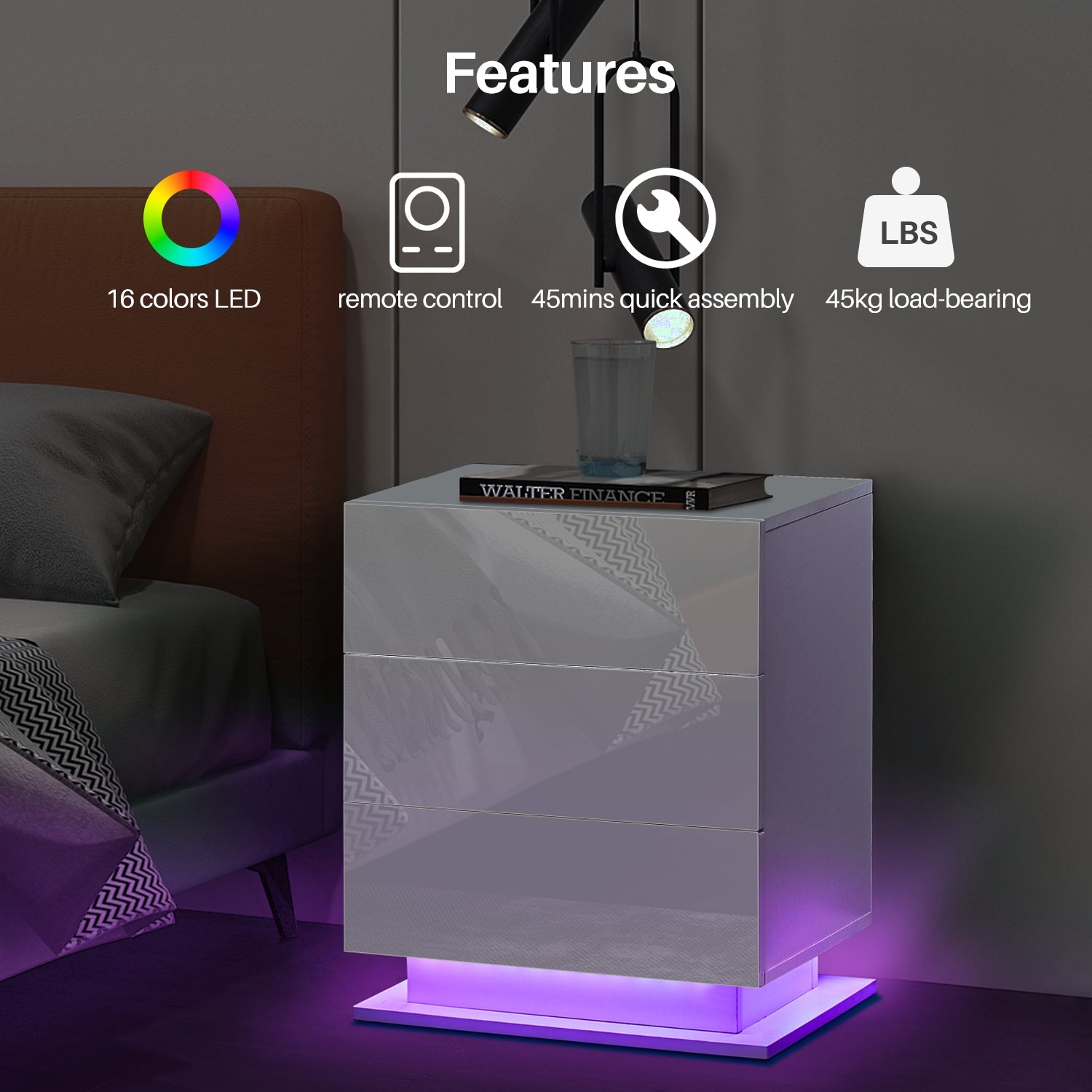 Mario LED Light Bedside Table [3 Drawers]