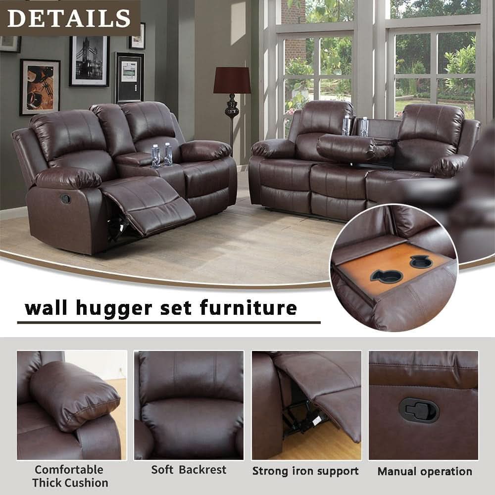 Bonded Leather Living Room Sofa Set With Reclining Sofa And Loveseat Brown