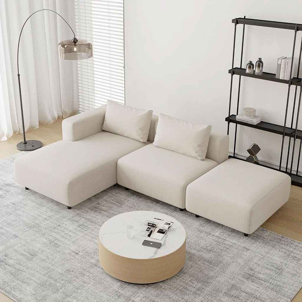 Soft Corduroy Sectional Sofa Set L Shaped Cream Modular