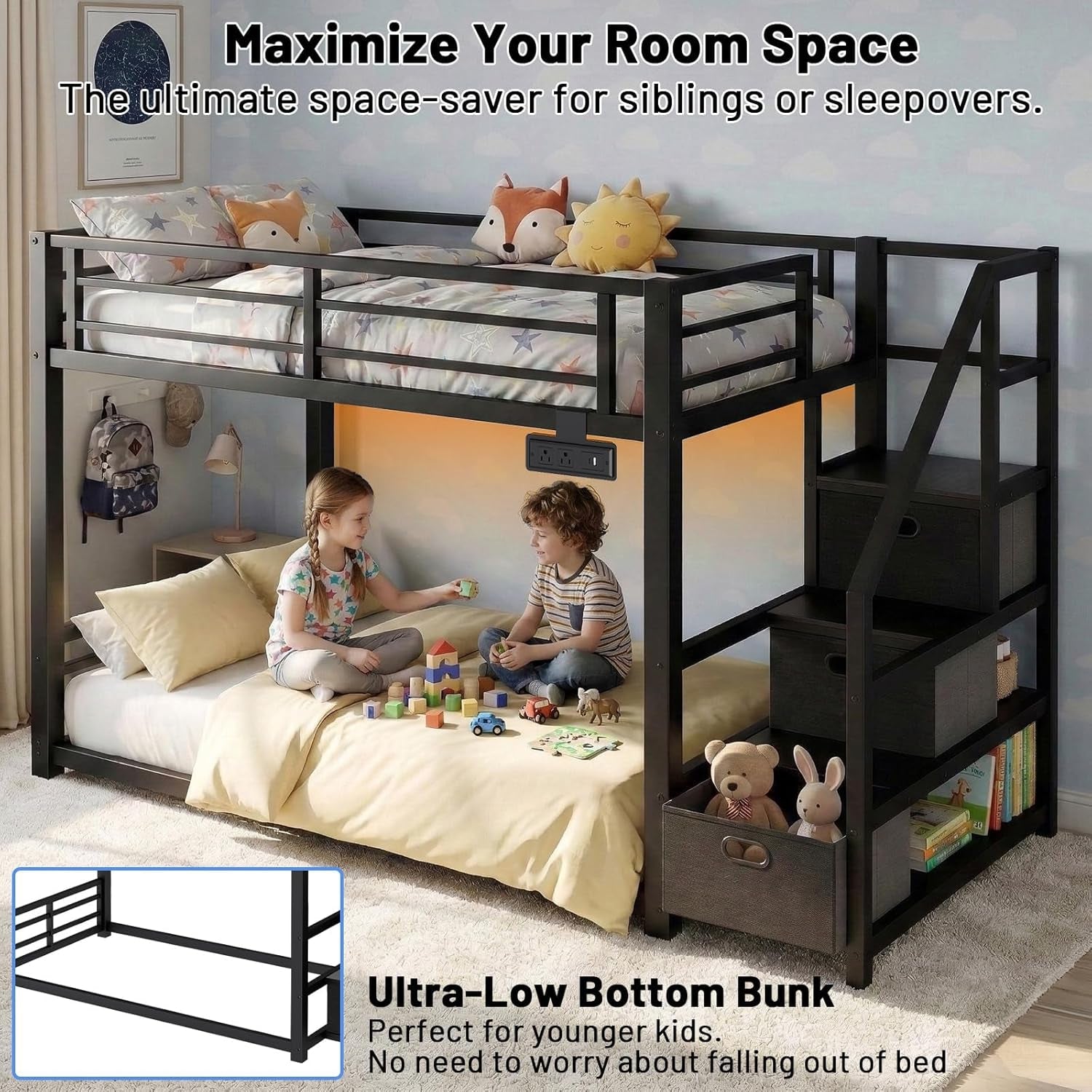 Black Twin Over Twin Metal Bunk Bed Storage Drawers-4