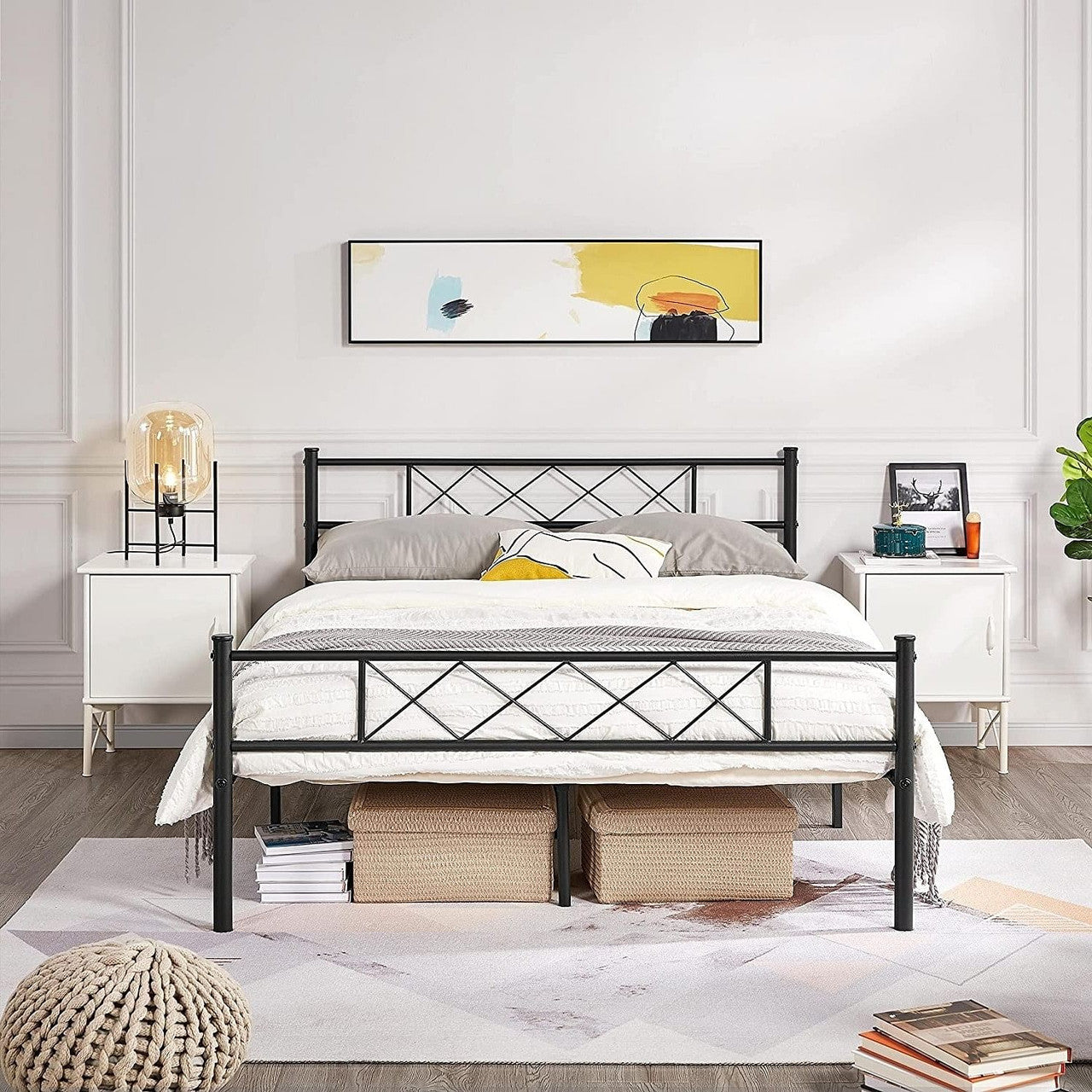 Full Size Traditional Powder Coated Slatted Metal Platform Bed-2