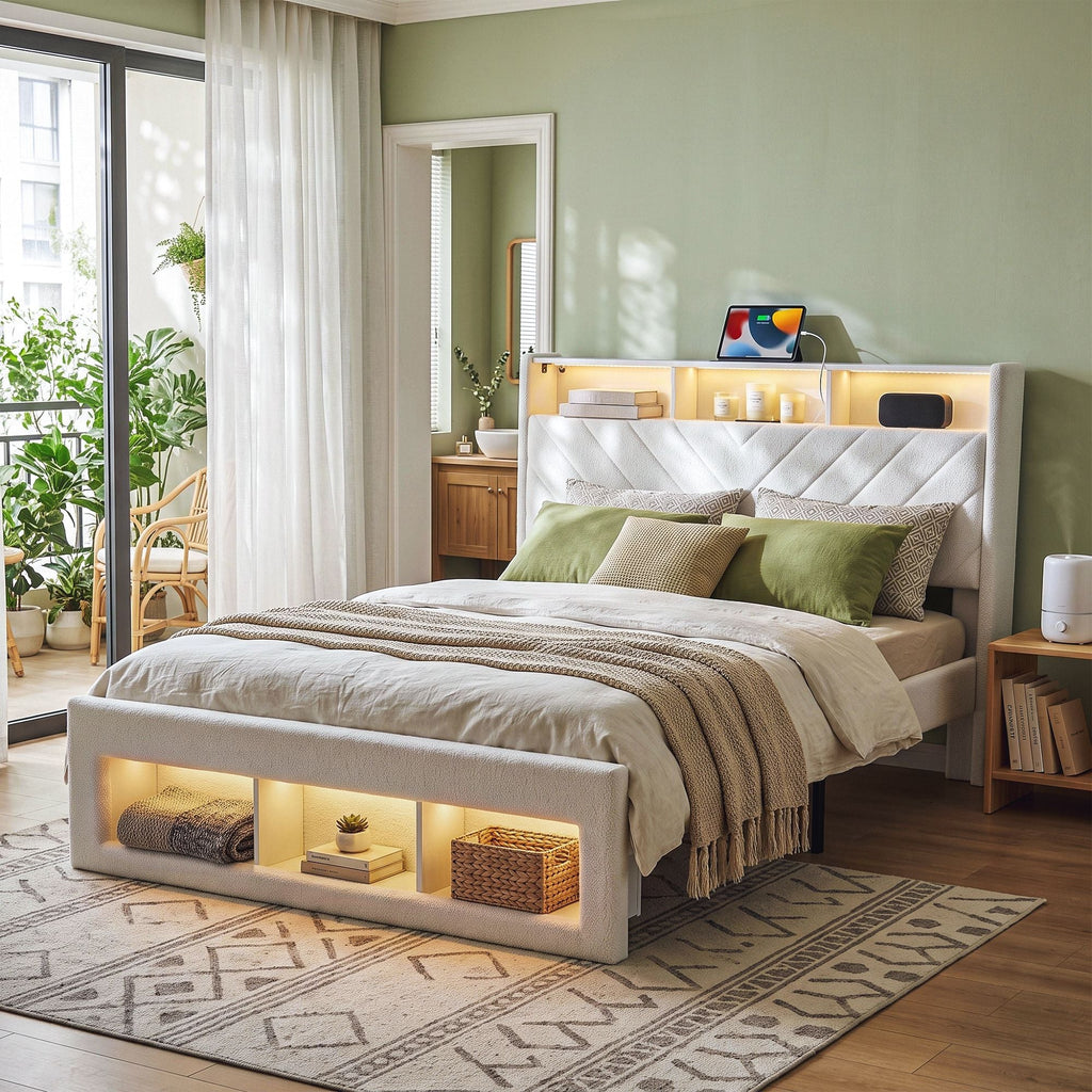 Artiss Queen Bed Frame with Storage Charging Station & LED White-0