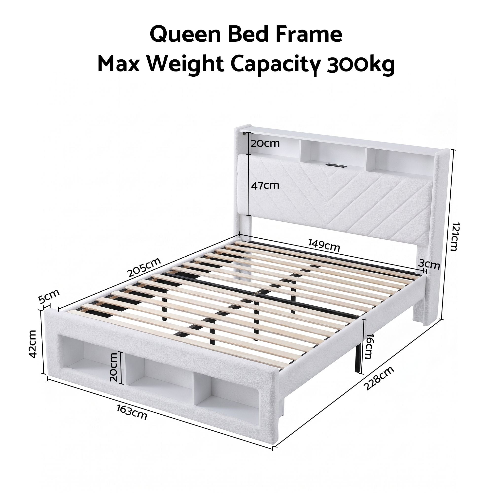 Artiss Queen Bed Frame with Storage Charging Station & LED White-2