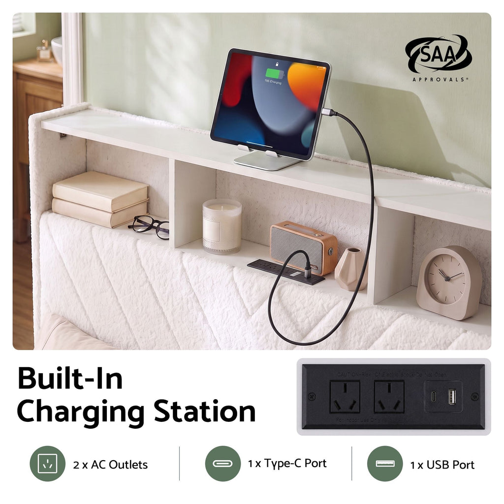 Artiss Queen Bed Frame with Storage Charging Station & LED White-4