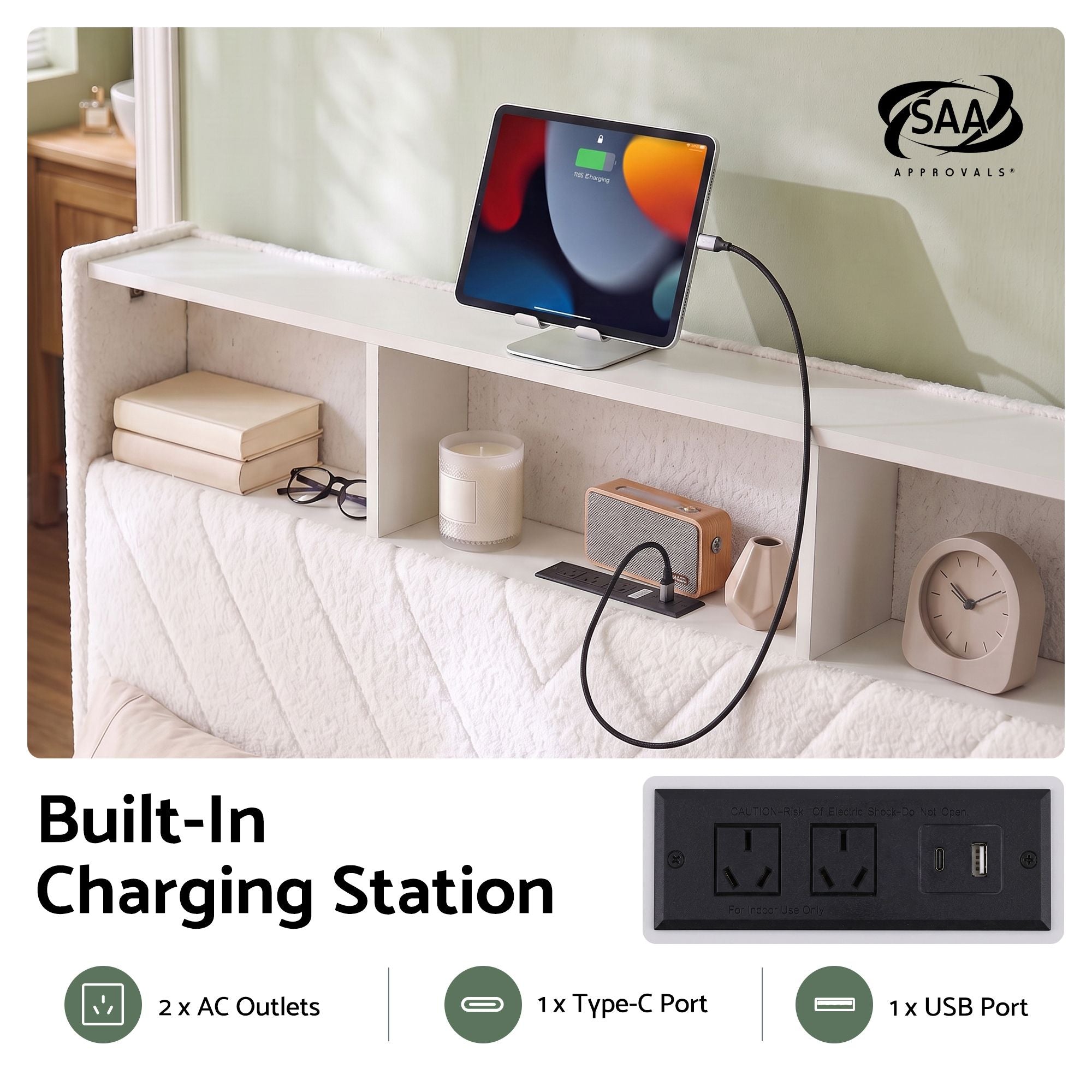 Artiss Queen Bed Frame with Storage Charging Station & LED White-4