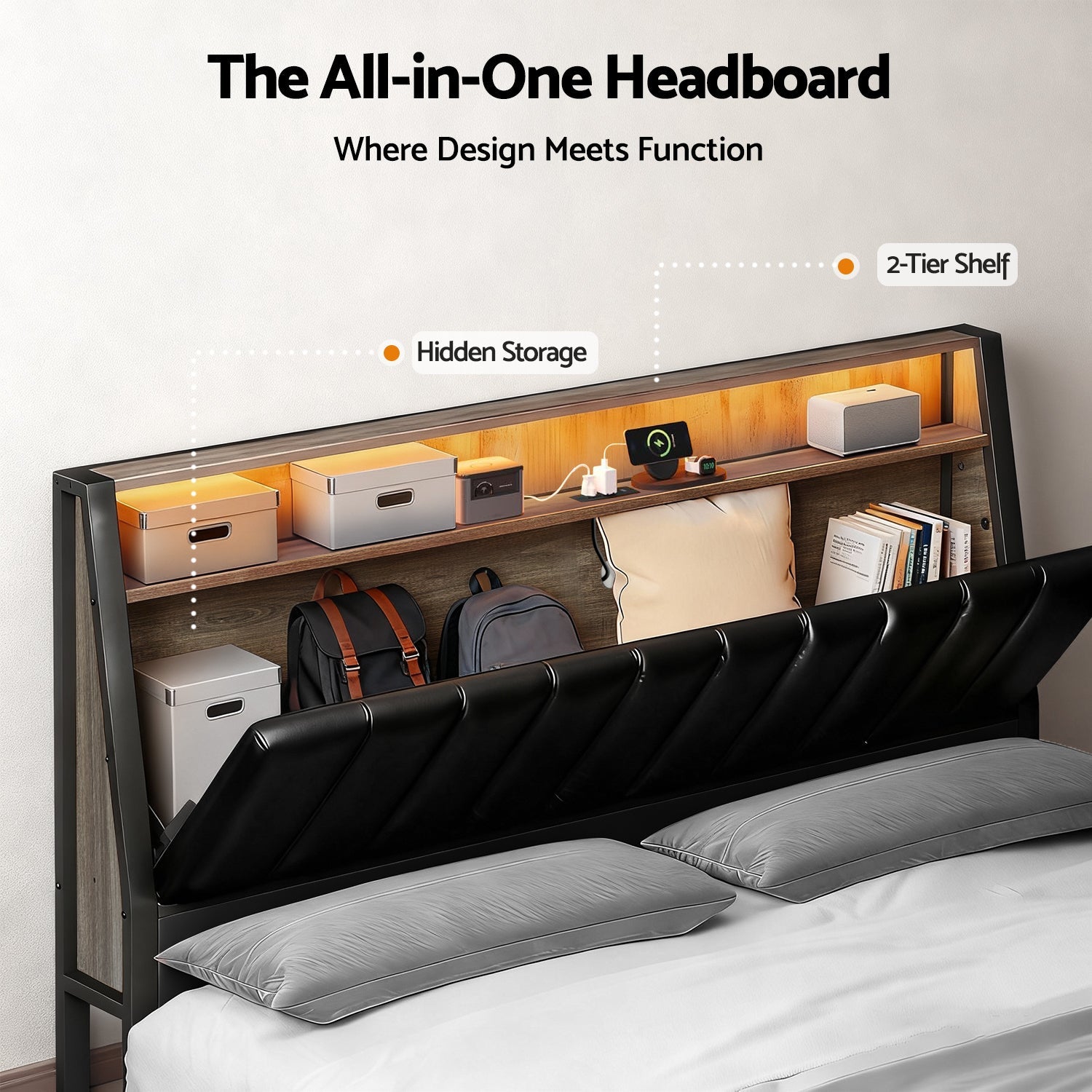 Artiss Queen Bed Frame LED Storage Headboard with Charging Station Black-4