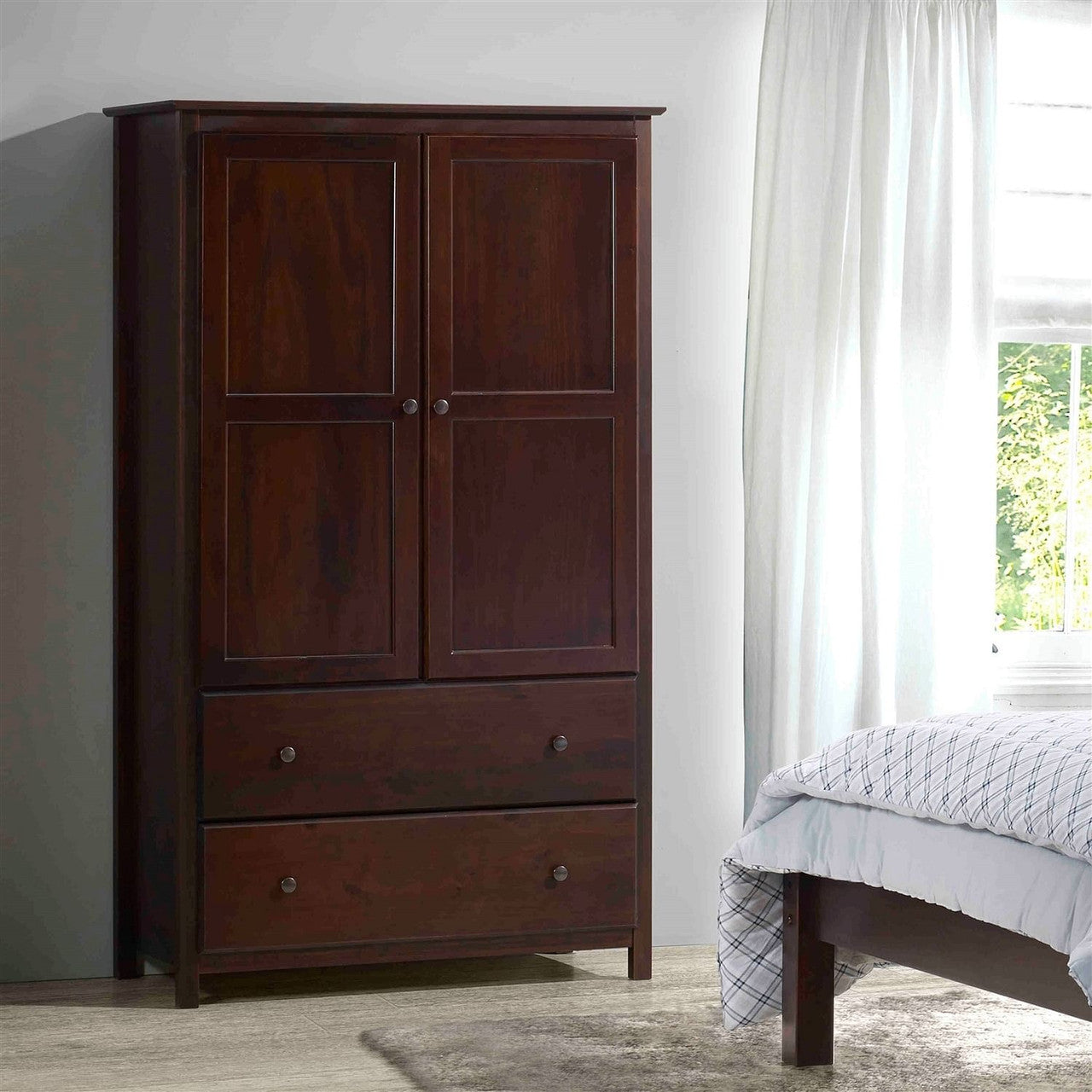 Solid Wood Bedroom Armoire Wardrobe Cabinet with Hanging Bar in Cherry Finish-0