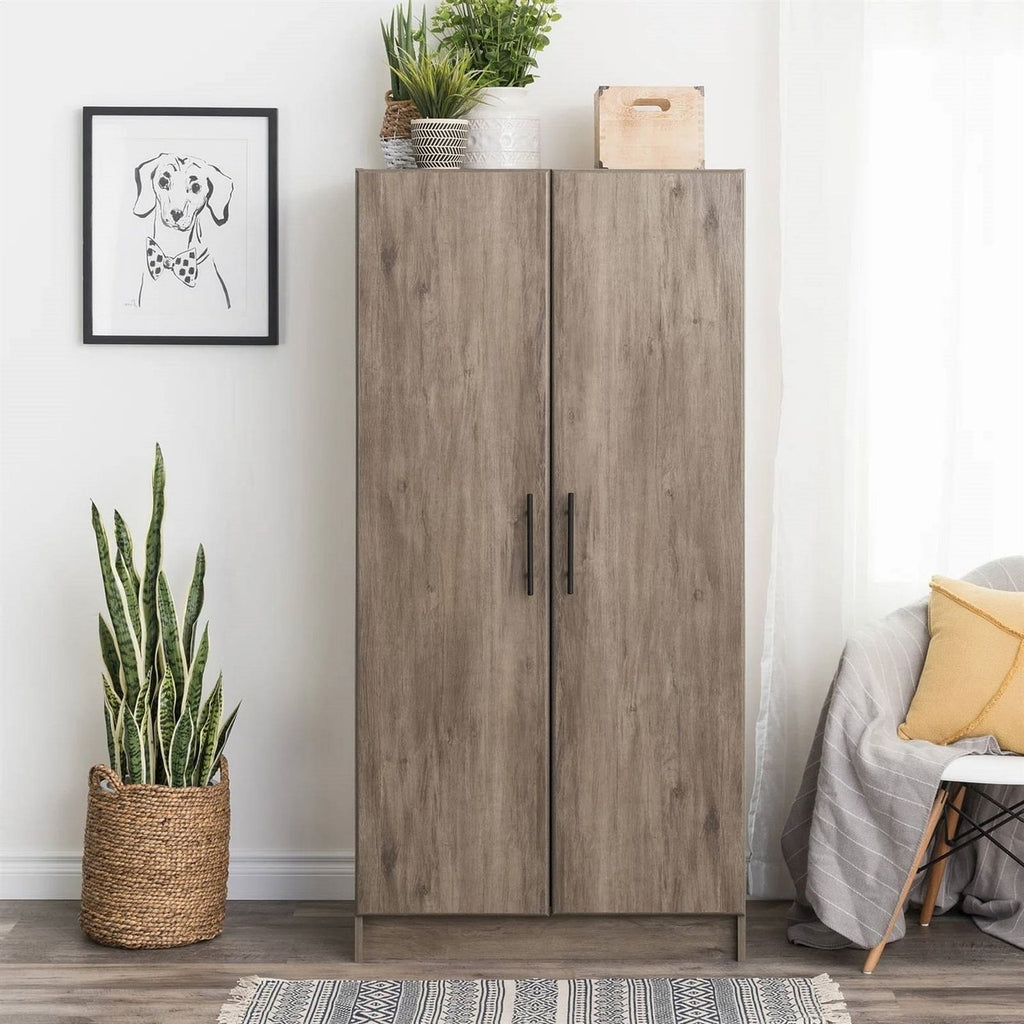 Bedroom Armoire Wardrobe Cabinet with Hanging Rail in Grey Brown Wood Finish-2