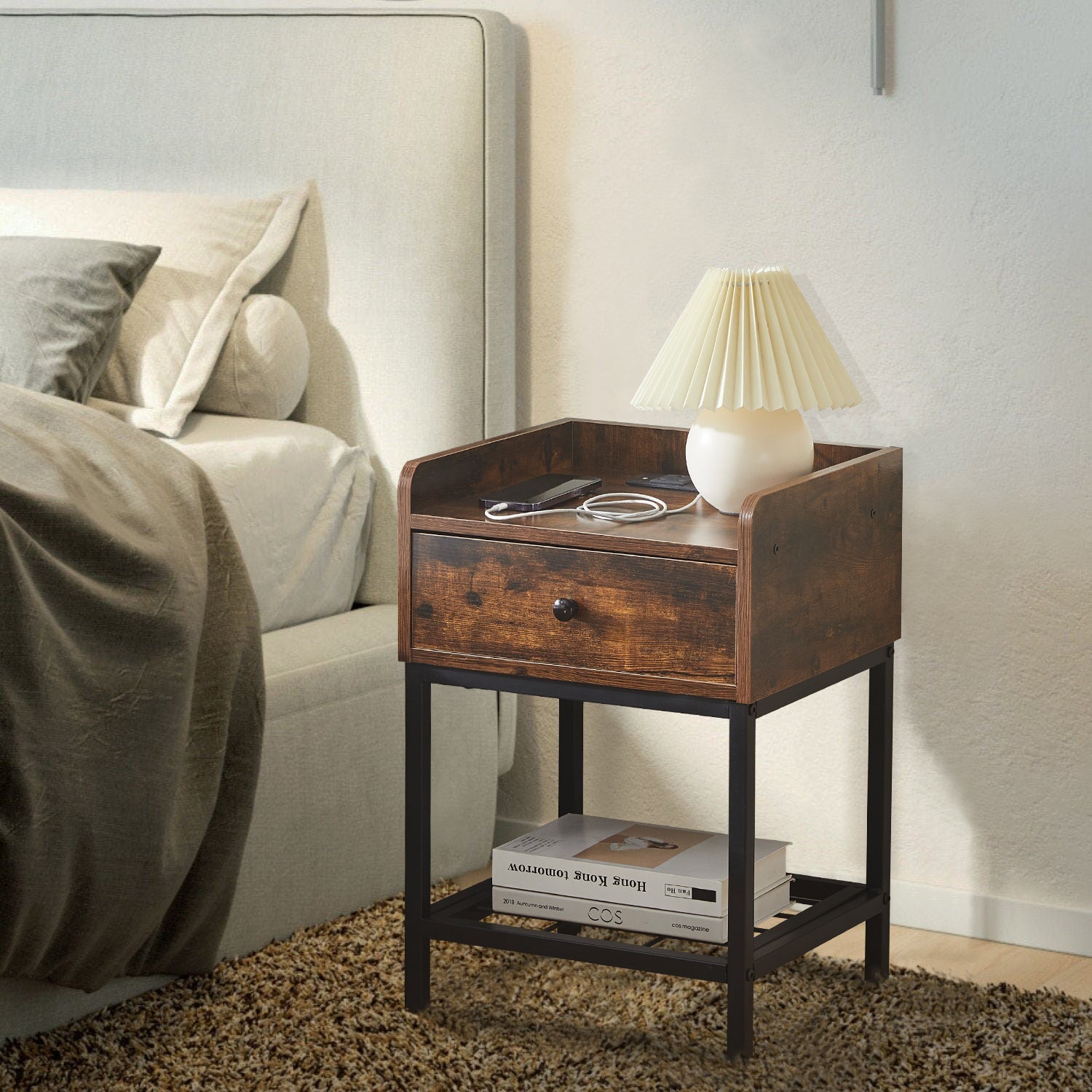Eyve Industrial Wood Living room Side Table [Charging Station]
