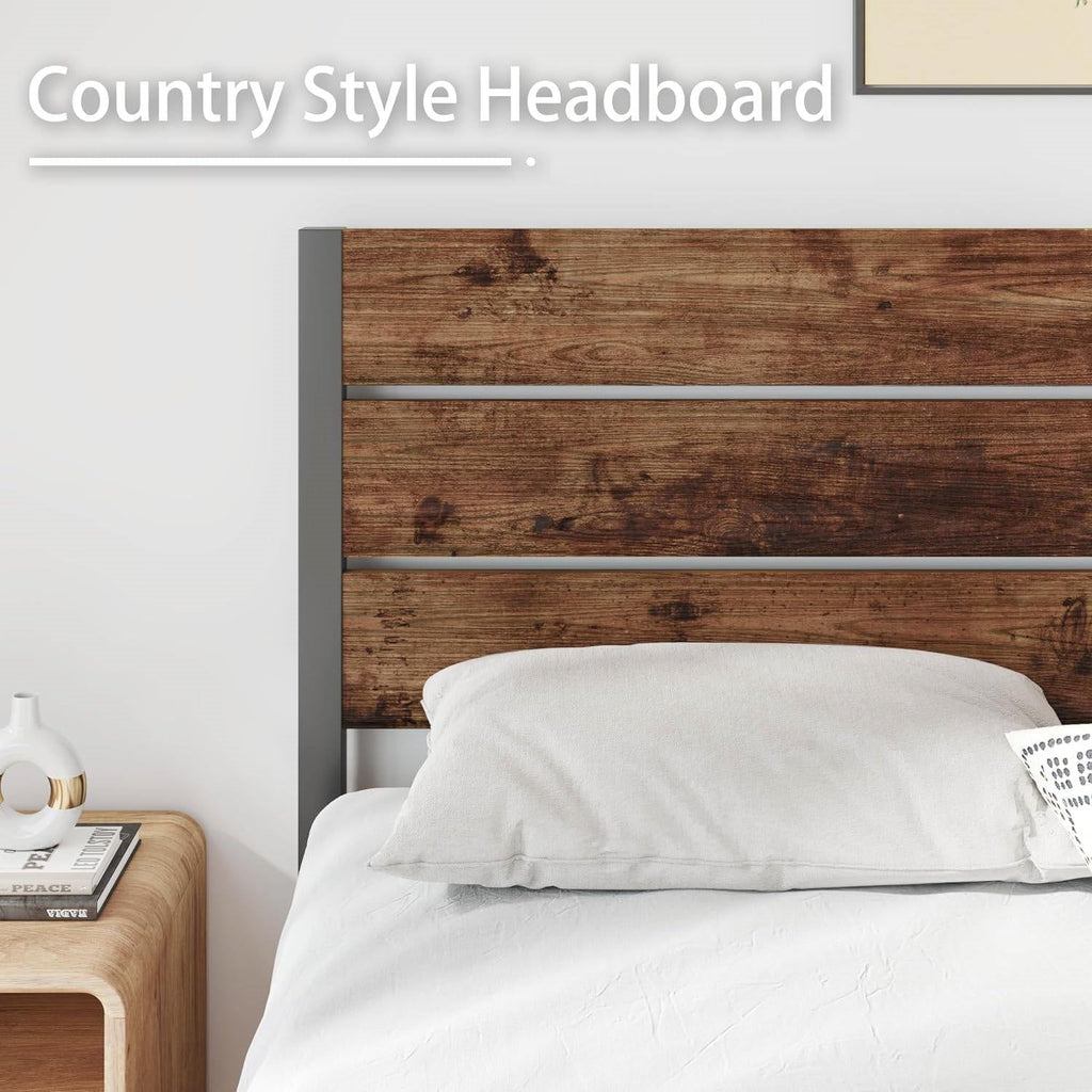 Full size Modern Farmhouse Metal Platform Bed Frame with Brown Wood Headboard-3