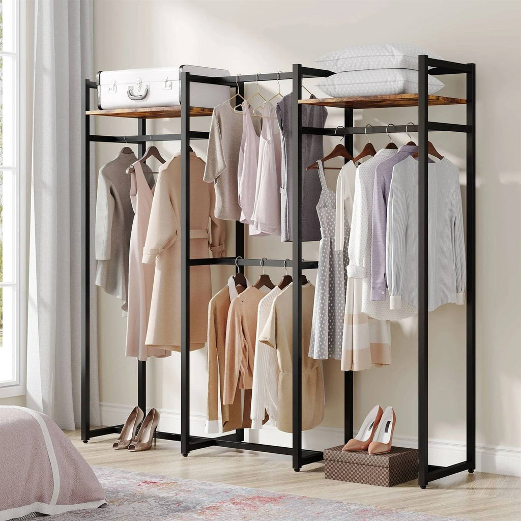 Black Metal Garment Rack with 4 Clothes Hanging Rods and 2 Wood Storage Shelves