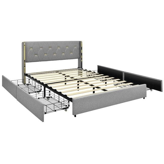 Full Size Grey/Gold Linen Headboard 4 Drawer Storage Platform Bed-0