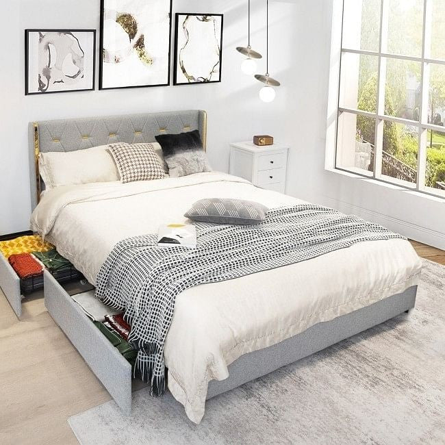 Full Size Grey/Gold Linen Headboard 4 Drawer Storage Platform Bed-1