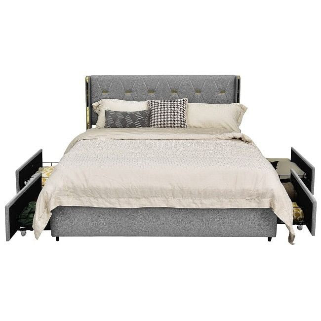 Full Size Grey/Gold Linen Headboard 4 Drawer Storage Platform Bed-2