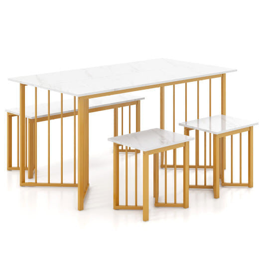 4 Piece Dining Table Set with Bench and 2 Stools-White