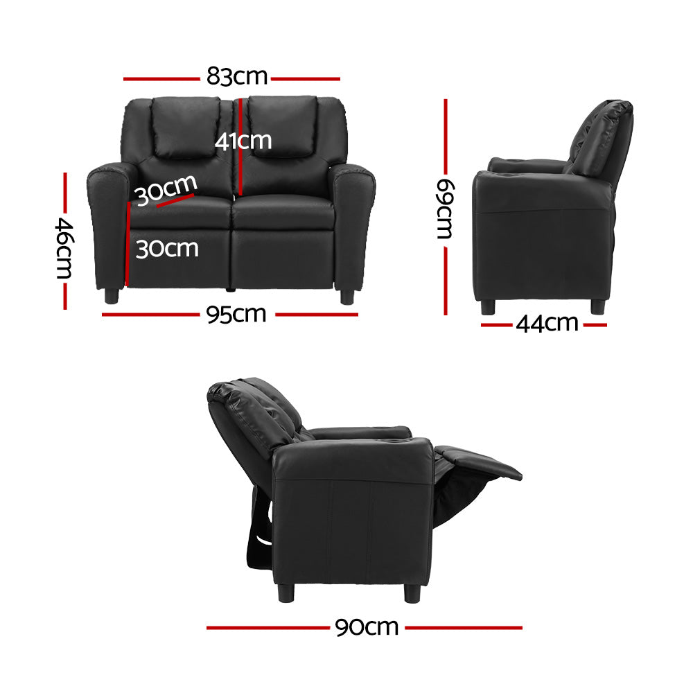 NNEDSZ Keezi Kids Recliner Chair Double PU Leather Sofa Lounge Couch Armchair Black-1