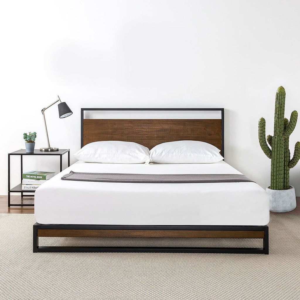 King size Metal Wood Platform Bed Frame with Headboard-1