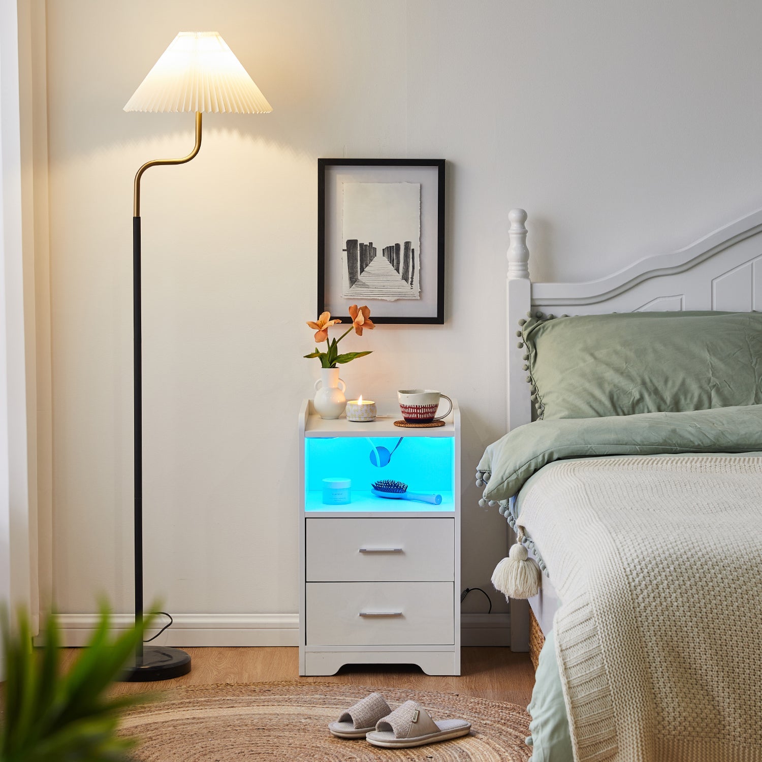 Kody LED Light Bedside Table [Charging Station][Nightstand]