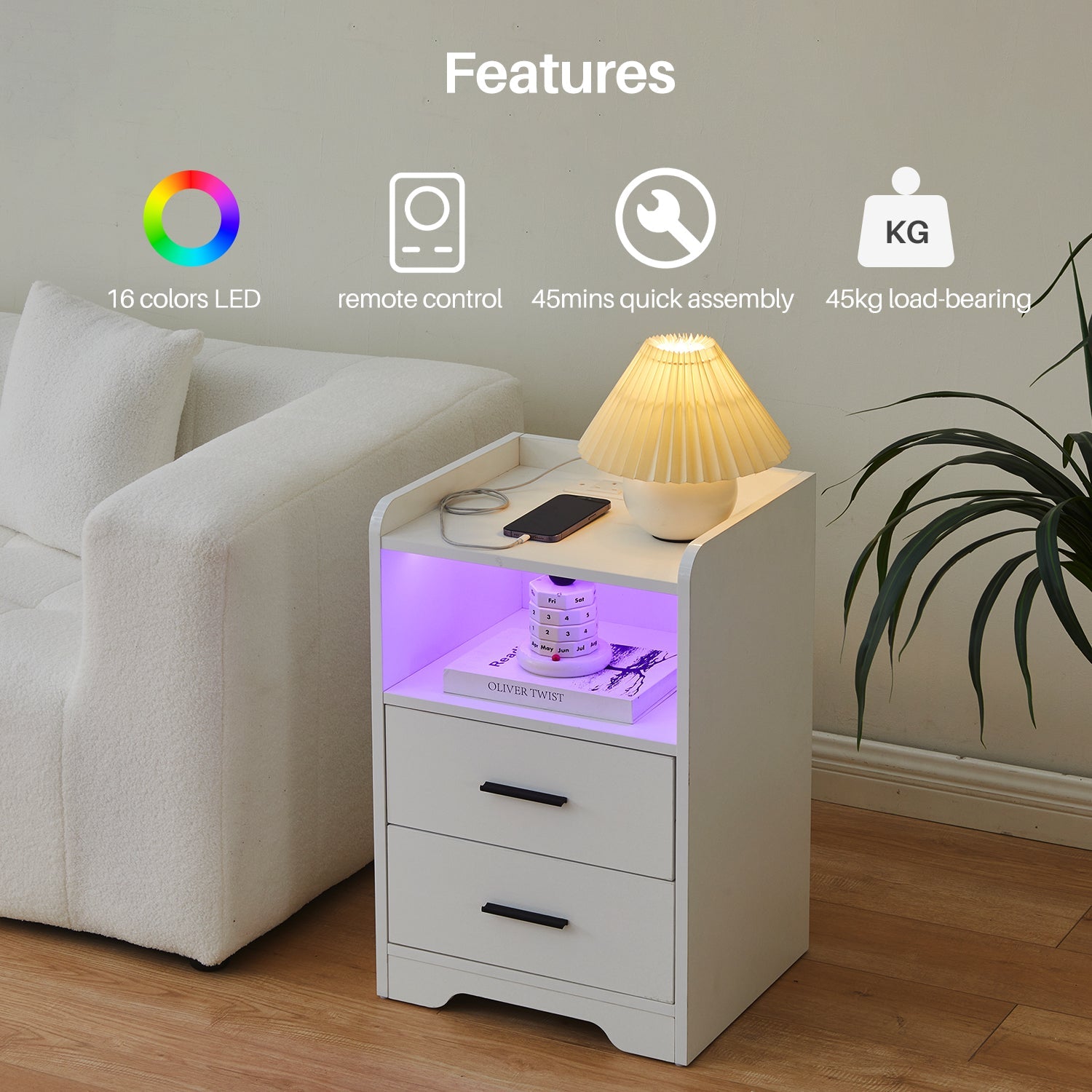 Kody LED Light Bedside Table [Charging Station][Nightstand]