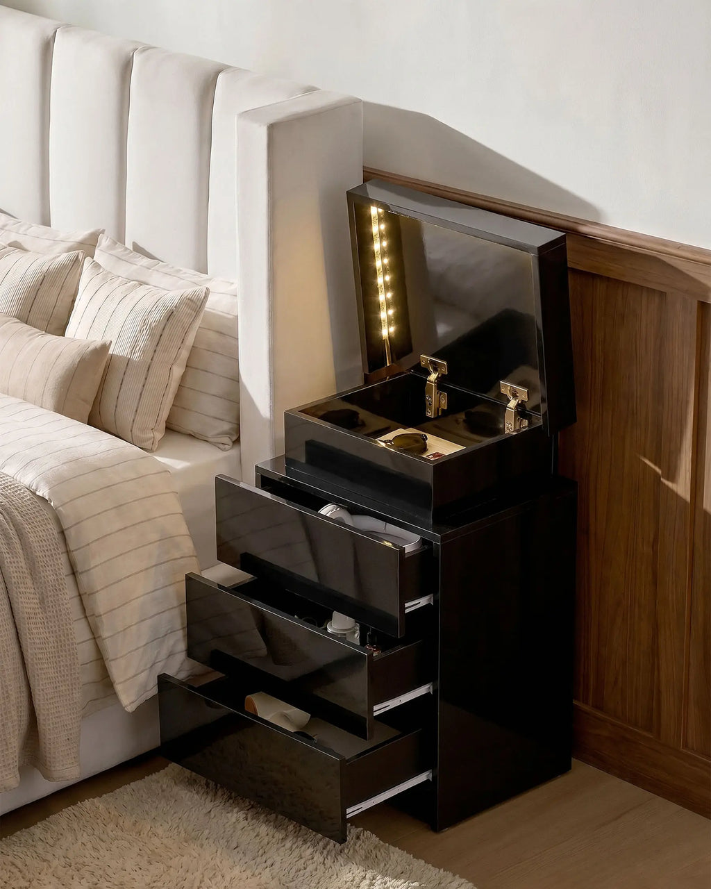 Kumar LED Light Bedside Table [3 Drawers]