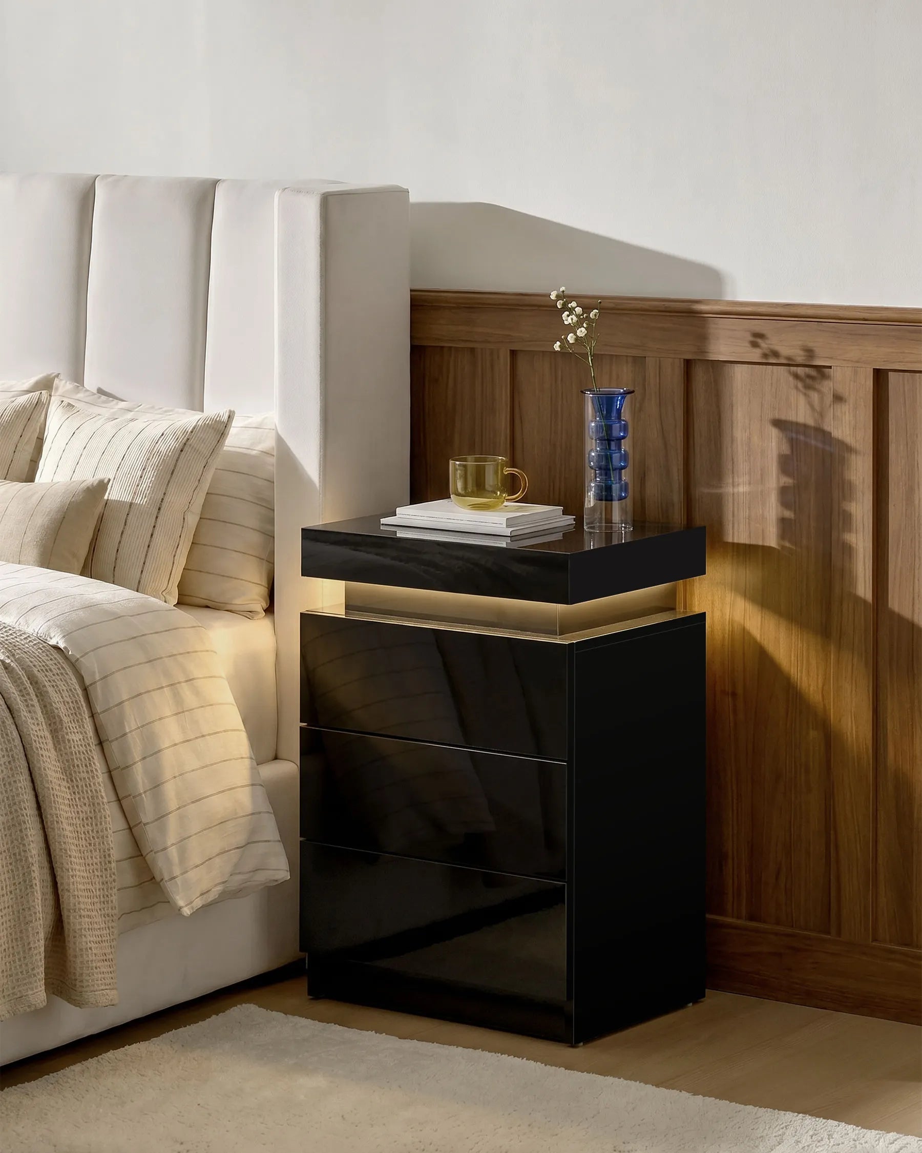 Kumar LED Light Bedside Table [3 Drawers]