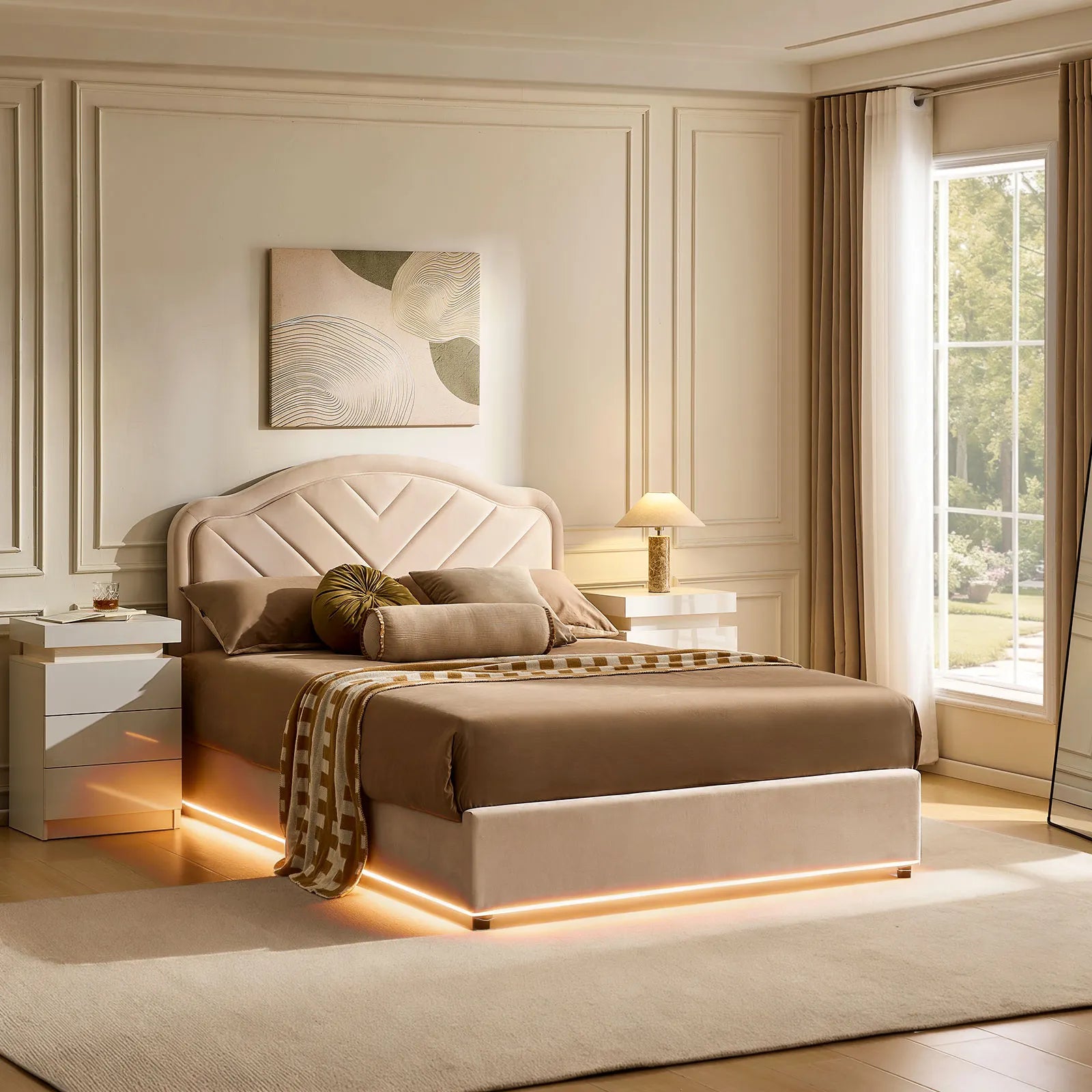 Luniva Cream LED Double Bed Frame
