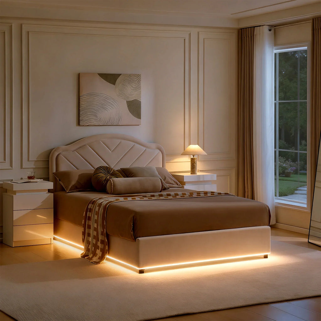Luniva Cream LED Double Bed Frame