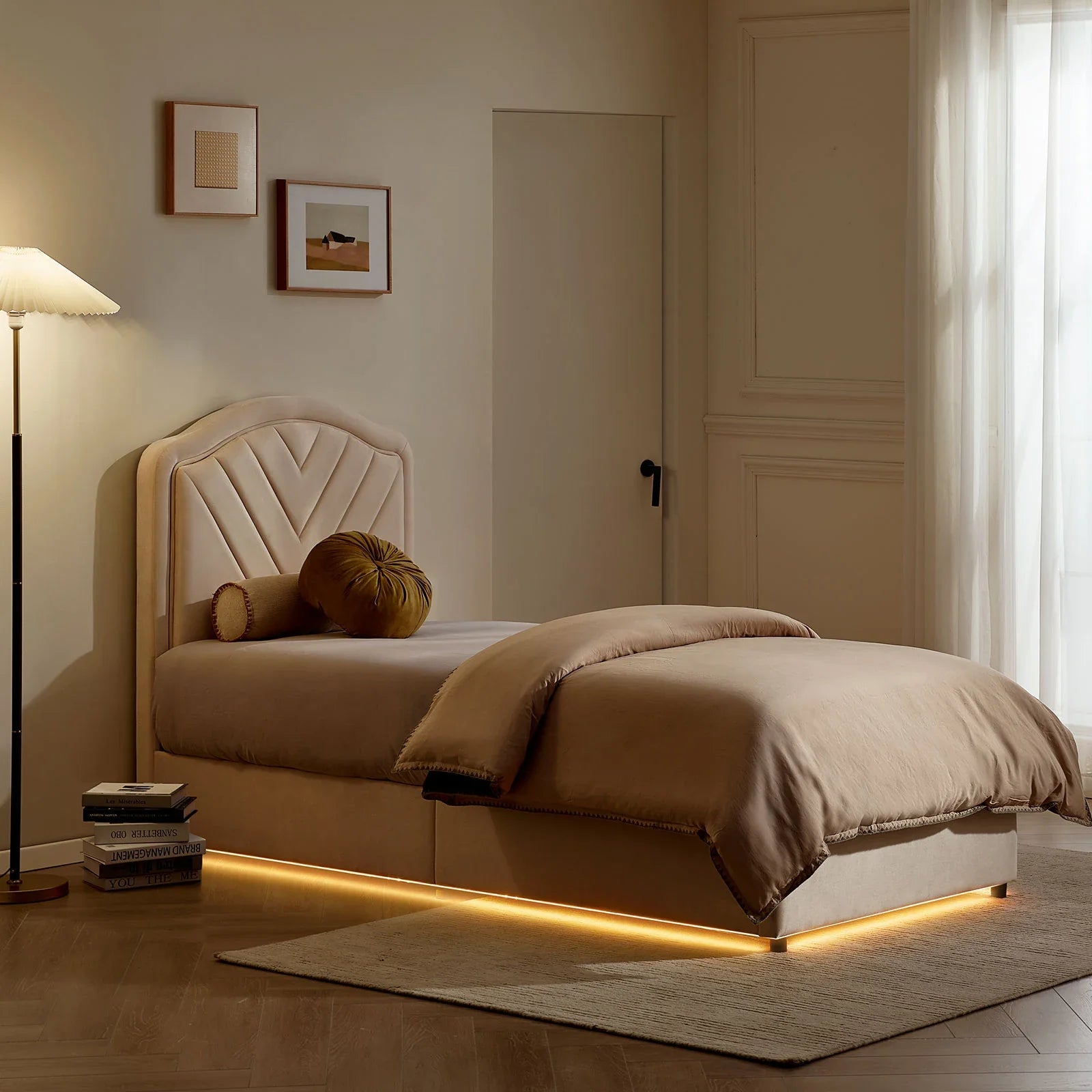Luniva Cream LED Single Bed Frame